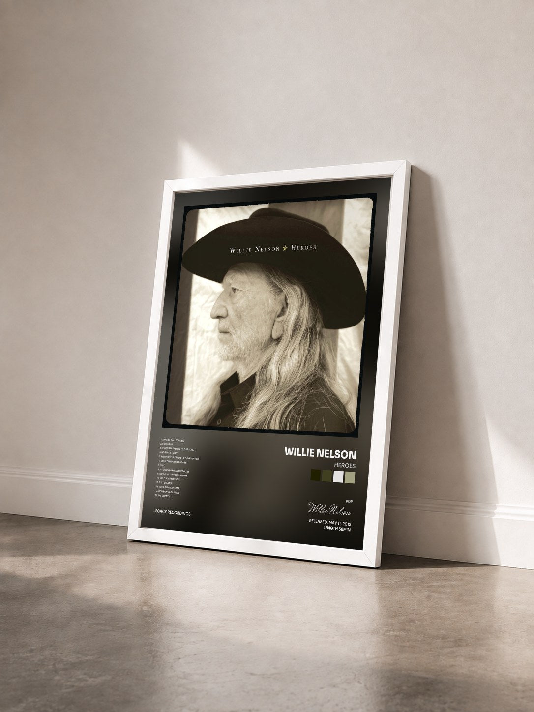 #blanc Tableau de l'album Heroes de Willie Nelson vu de trois quarts, cadre blanc