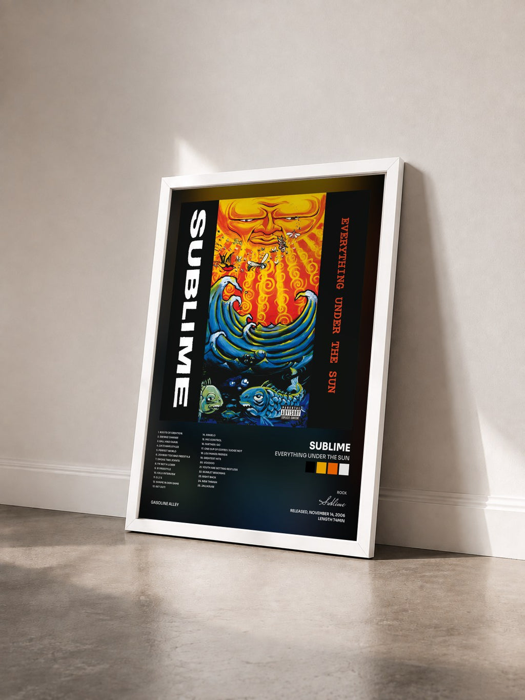 #blanc Everything Under The Sun by Sublime as a framed art print seen at an angle, white frame