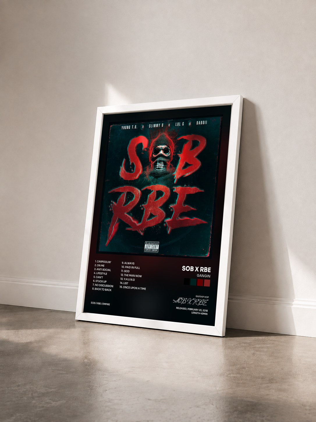 #blanc Tableau de l'album GANGIN de SOB X RBE vu de trois quarts, cadre blanc