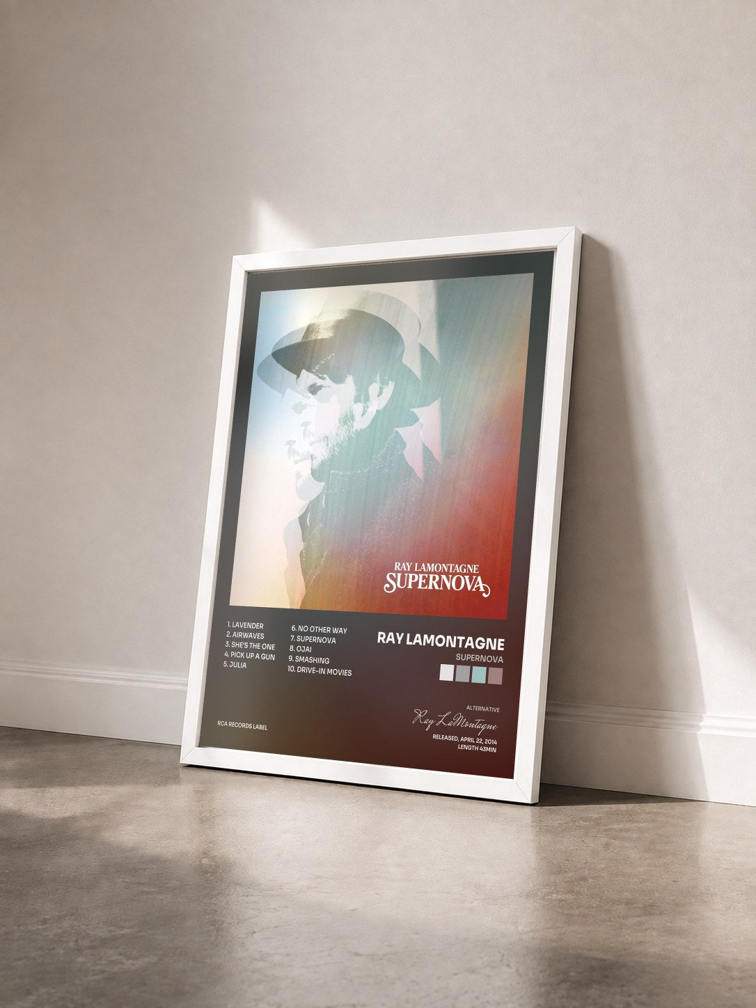 #blanc Tableau de l'album Supernova de Ray LaMontagne vu de trois quarts, cadre blanc