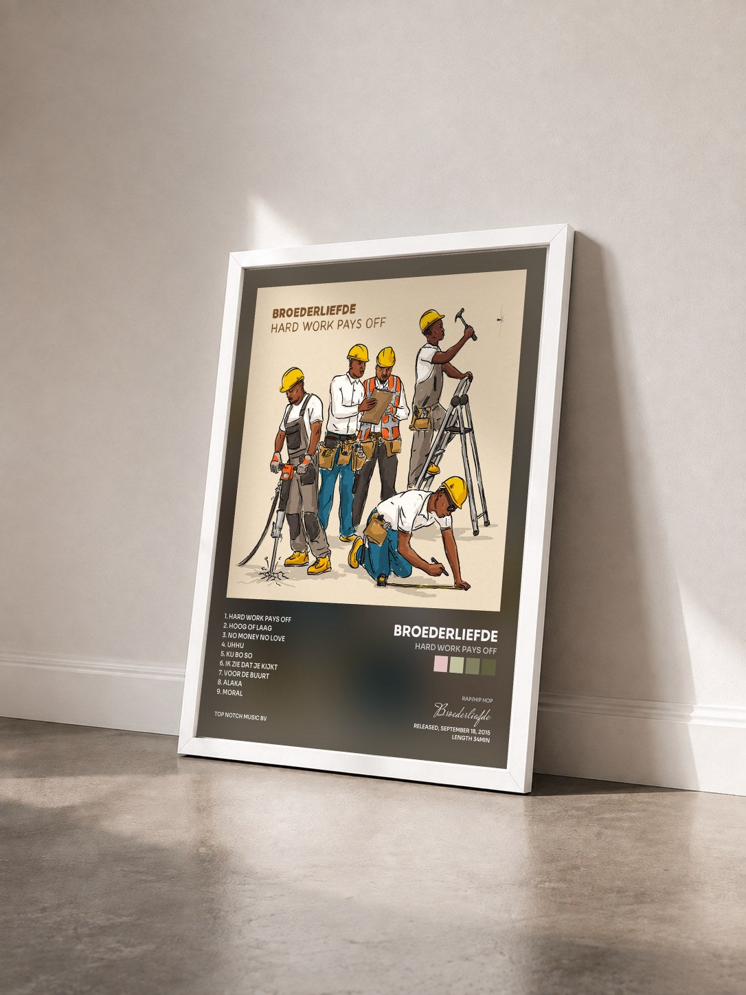 #blanc Tableau de l'album Hard Work Pays Off de Broederliefde vu de trois quarts, cadre blanc