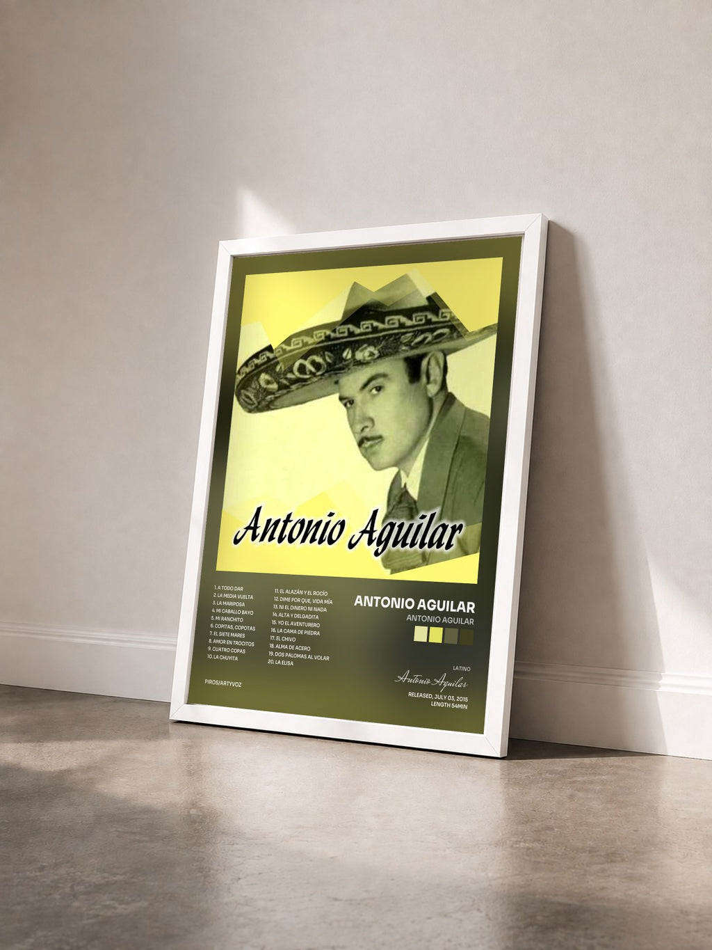 #blanc Tableau de l'album Antonio Aguilar de Antonio Aguilar vu de trois quarts, cadre blanc