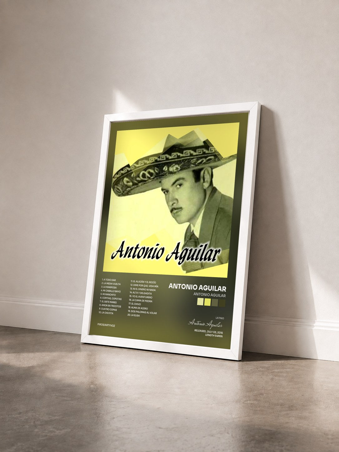 #blanc Tableau de l'album Antonio Aguilar de Antonio Aguilar vu de trois quarts, cadre blanc