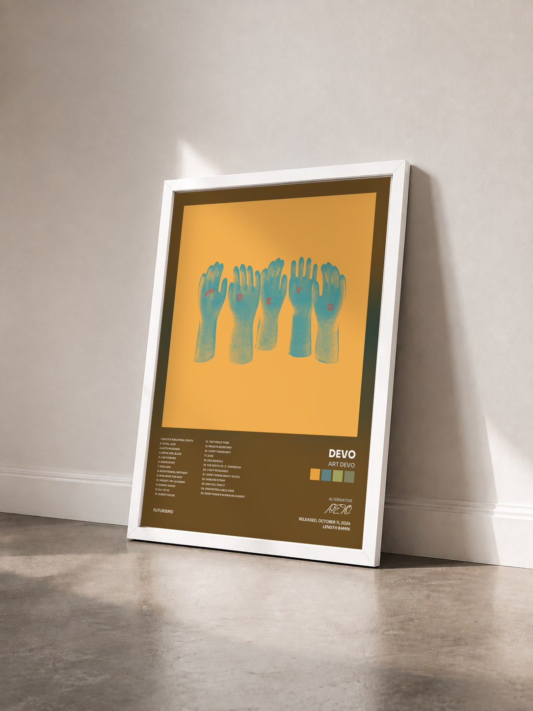 #blanc Tableau de l'album Art Devo de DEVO vu de trois quarts, cadre blanc