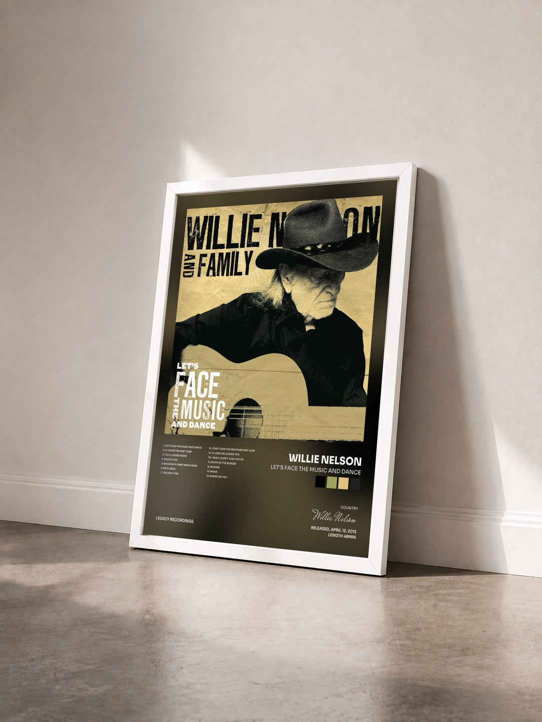 #blanc Tableau de l'album Let's Face The Music And Dance de Willie Nelson vu de trois quarts, cadre blanc