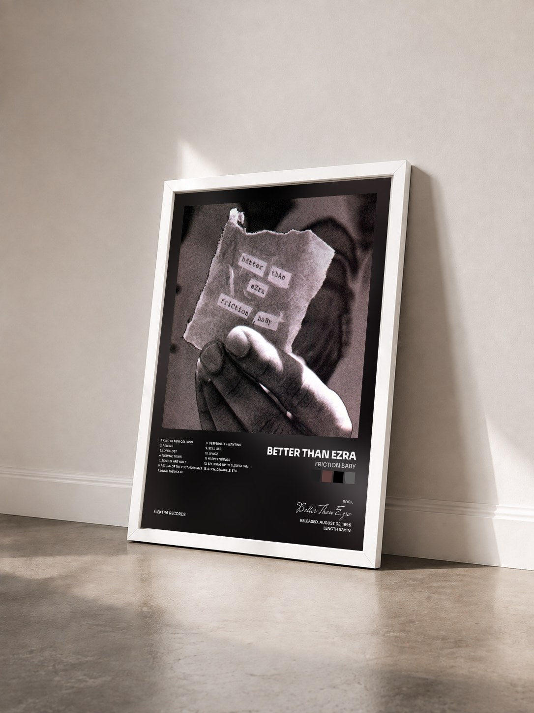 #blanc Tableau de l'album Friction Baby de Better Than Ezra vu de trois quarts, cadre blanc