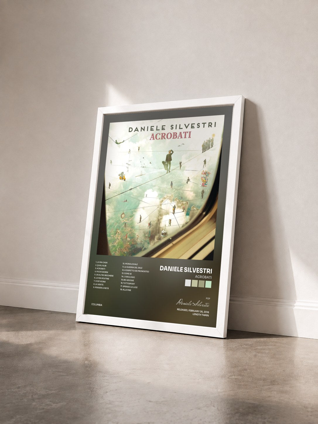 #blanc Tableau de l'album Acrobati de Daniele Silvestri vu de trois quarts, cadre blanc