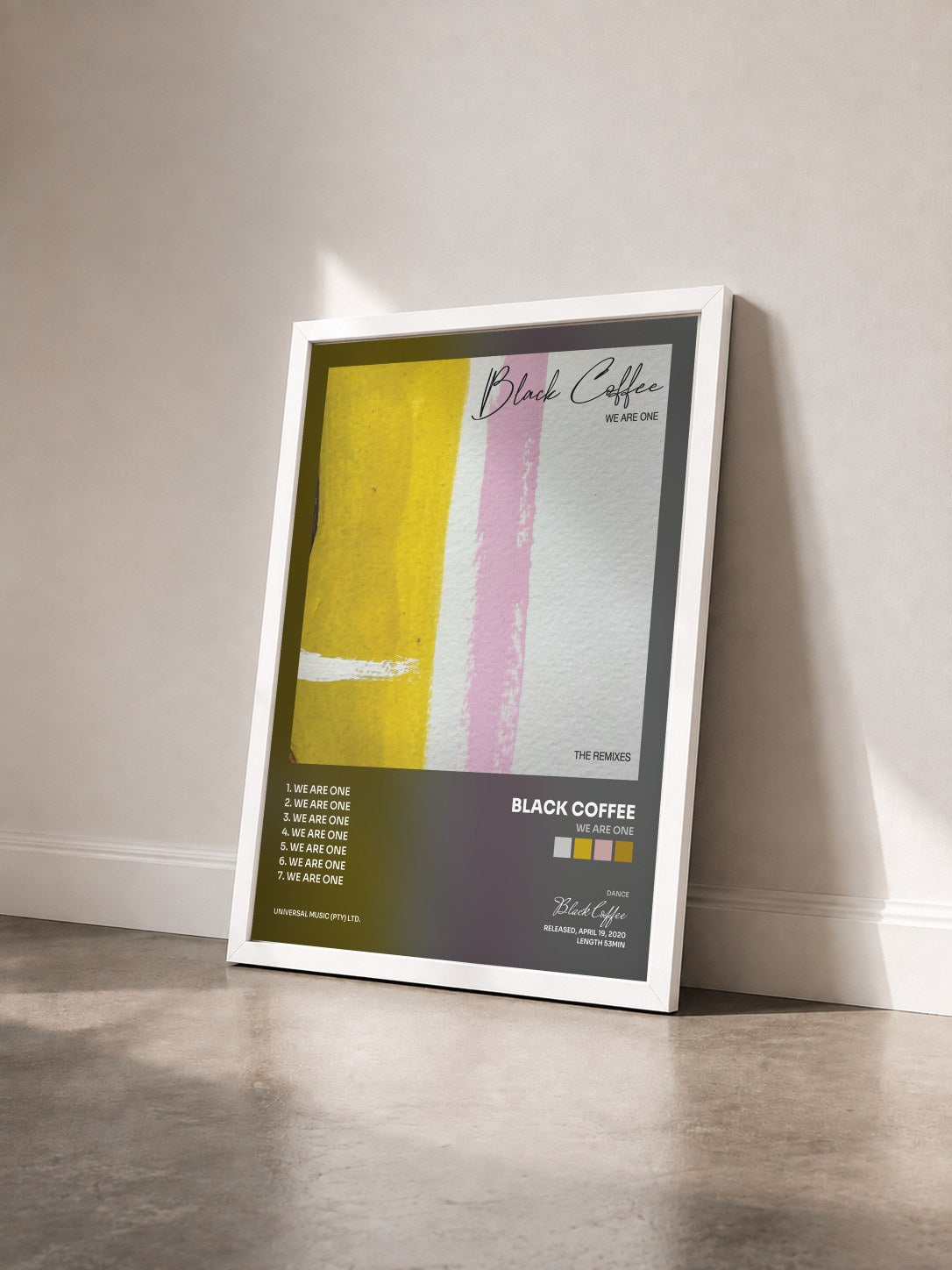 #blanc Tableau de l'album We Are One de Black Coffee vu de trois quarts, cadre blanc