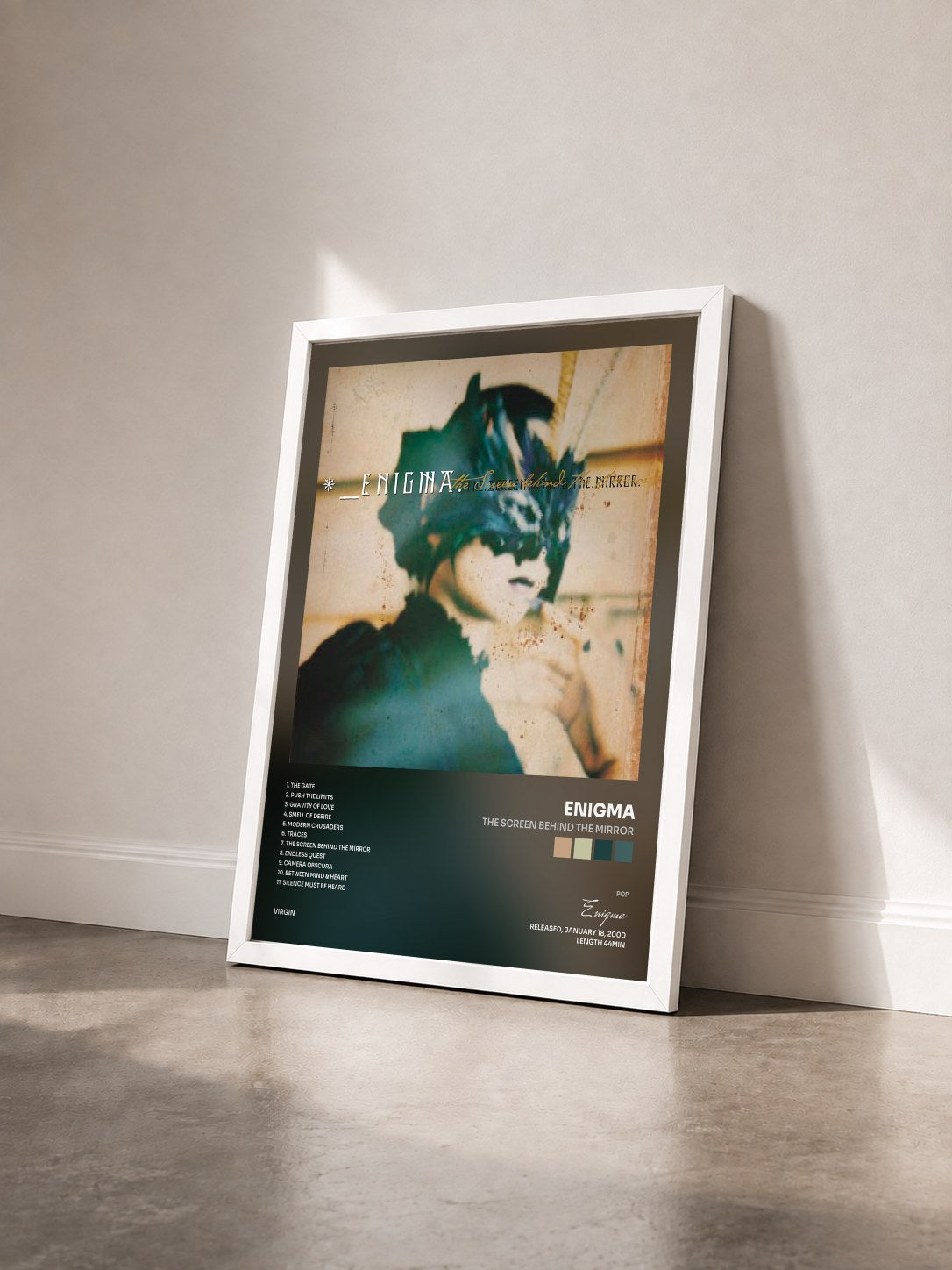 #blanc Tableau de l'album The Screen Behind The Mirror de Enigma vu de trois quarts, cadre blanc