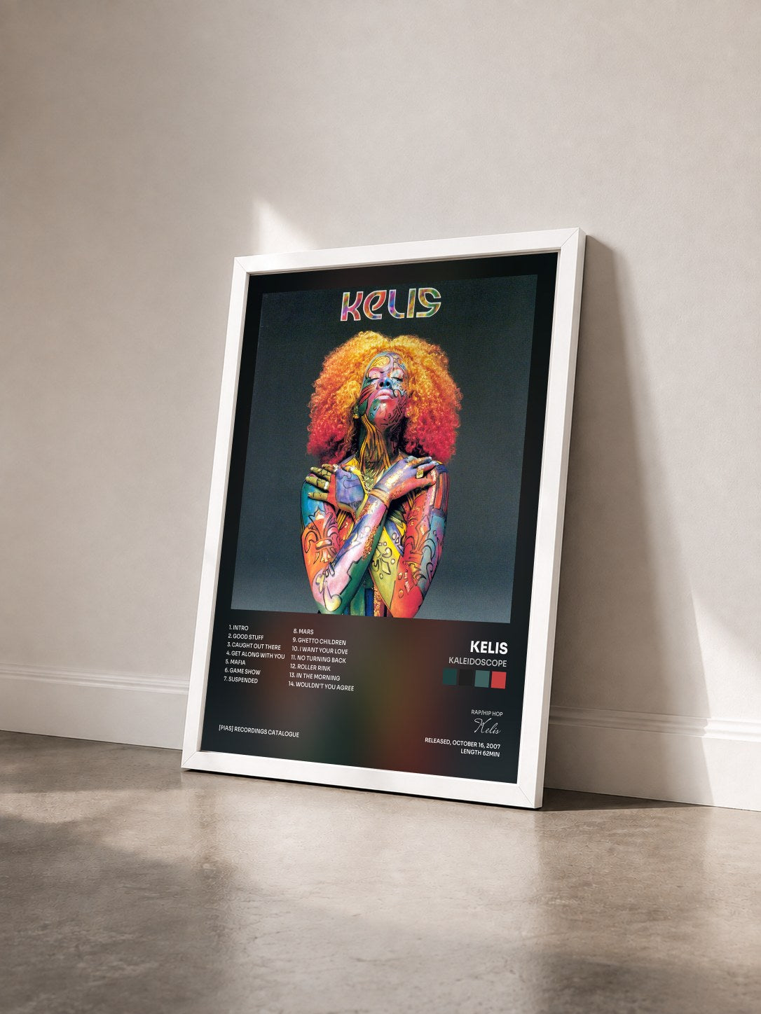 #blanc Tableau de l'album Kaleidoscope de Kelis vu de trois quarts, cadre blanc