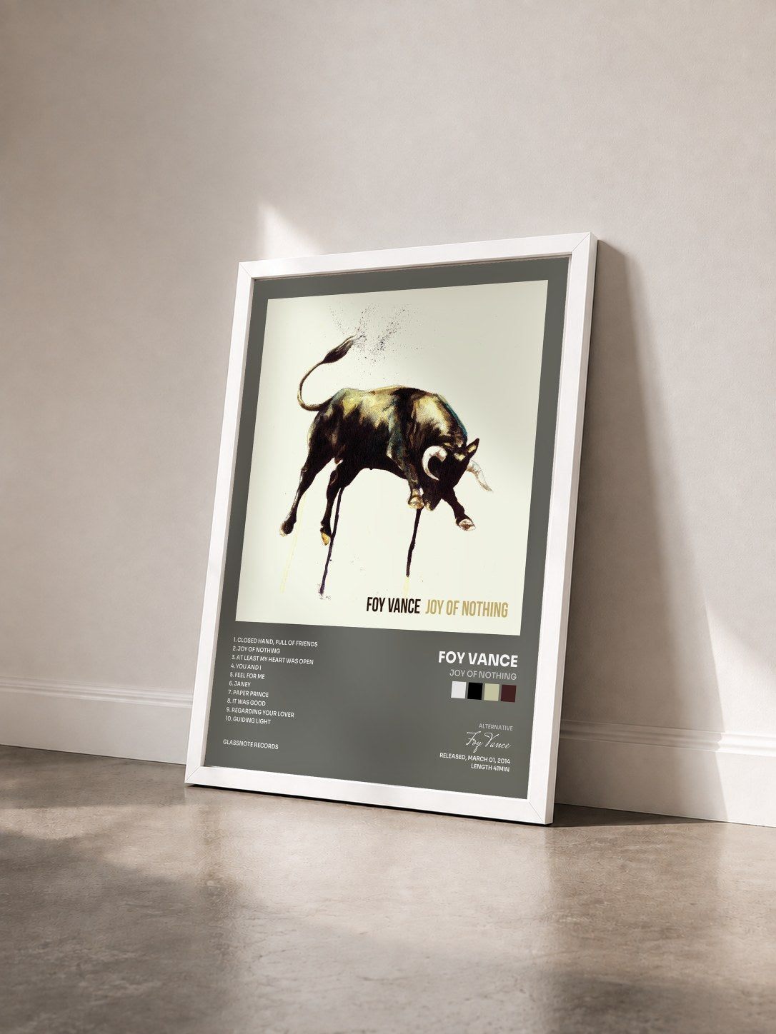 #blanc Tableau de l'album Joy Of Nothing de Foy Vance vu de trois quarts, cadre blanc