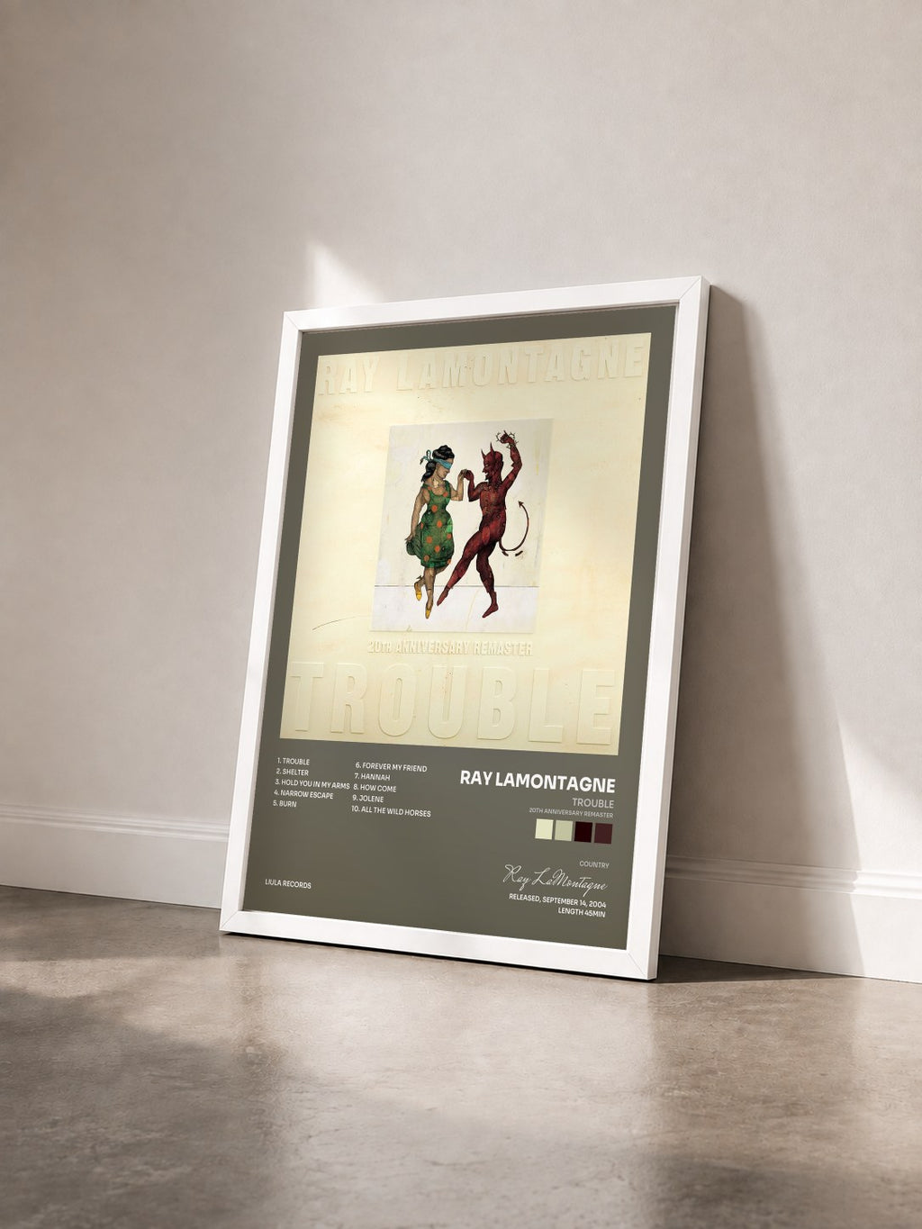 #blanc Trouble (20th Anniversary Remaster) by Ray LaMontagne as a framed art print seen at an angle, white frame