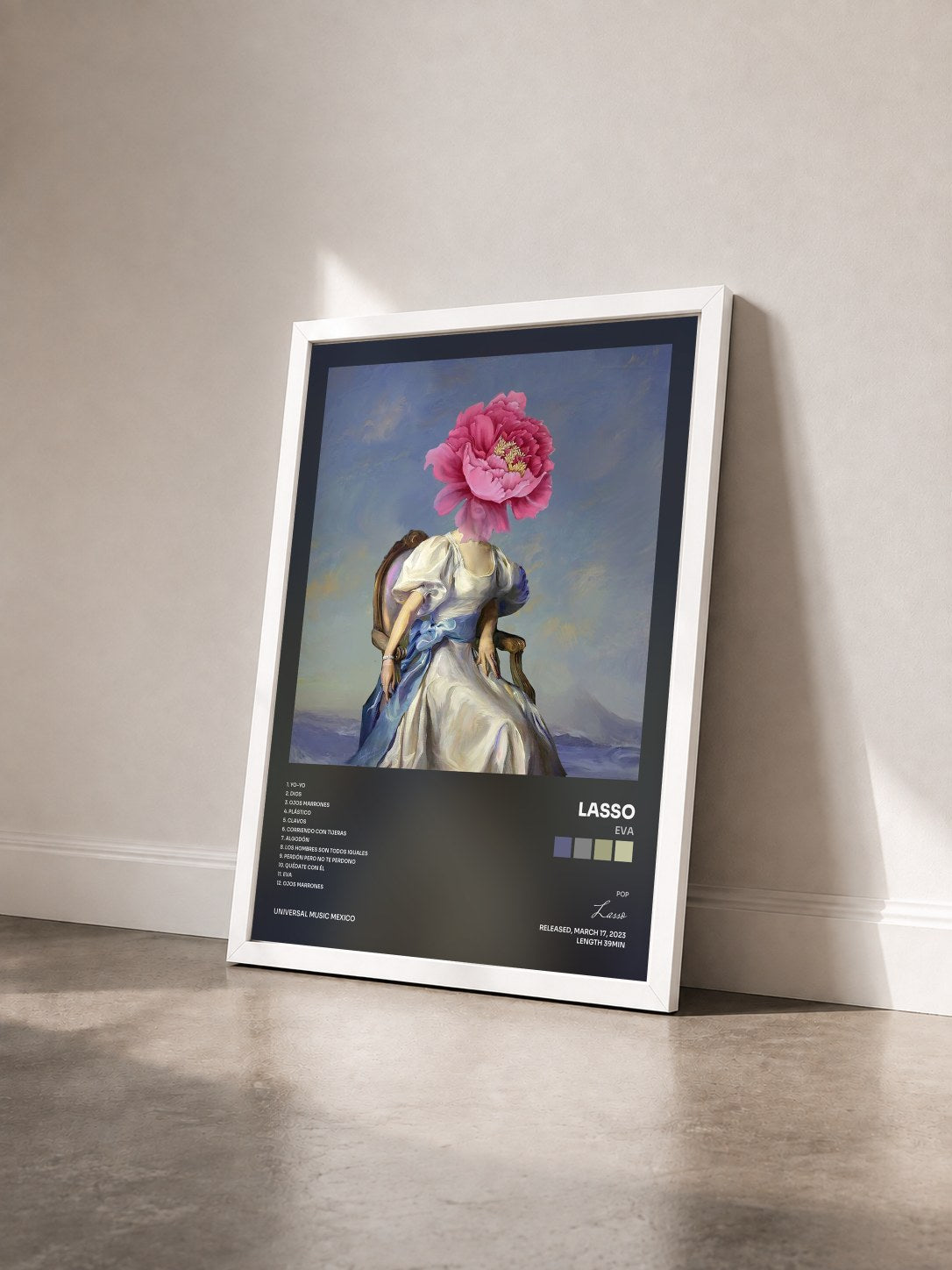 #blanc Tableau de l'album Eva de Lasso vu de trois quarts, cadre blanc