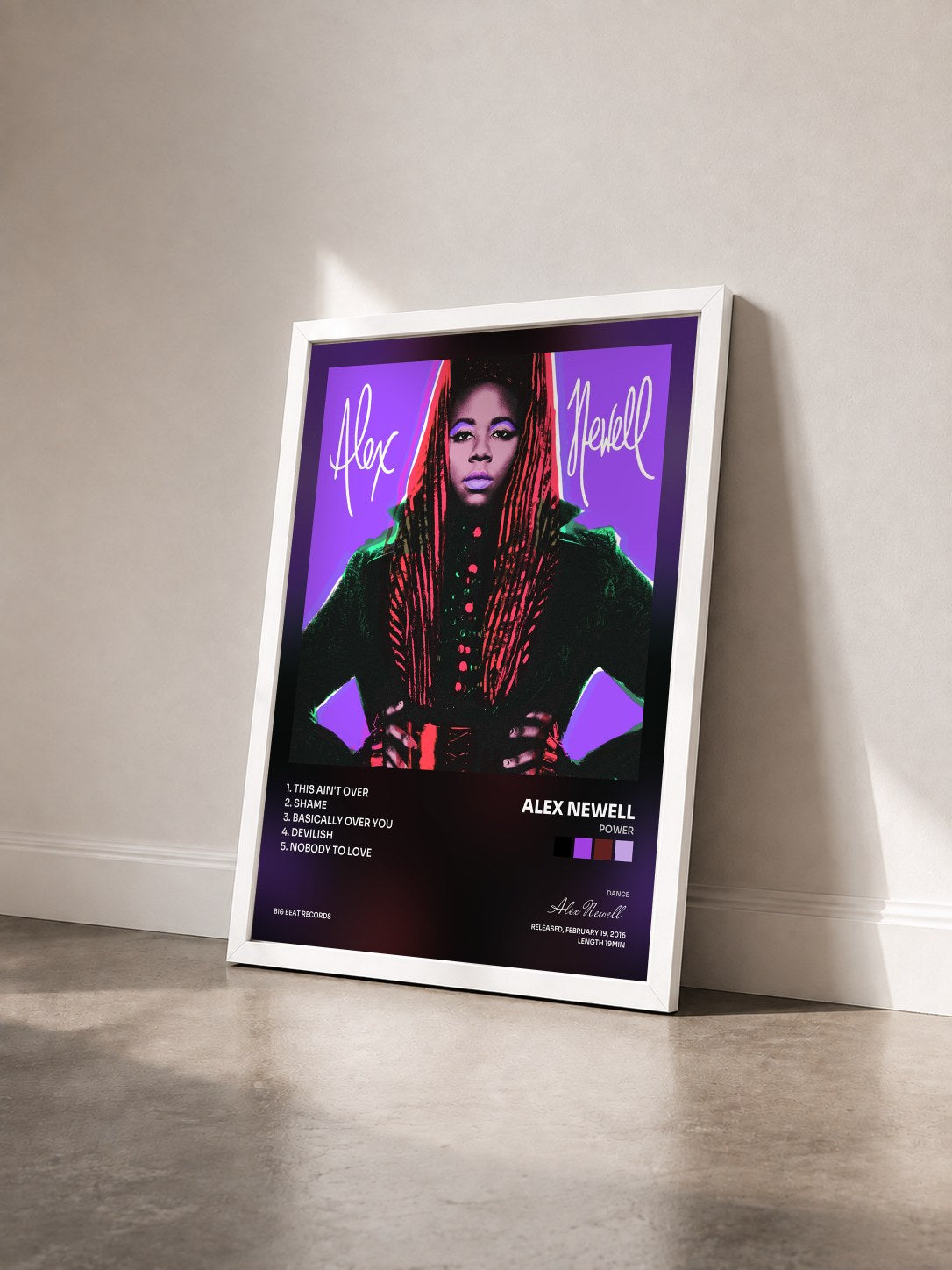 #blanc Tableau de l'album POWER de Alex Newell vu de trois quarts, cadre blanc