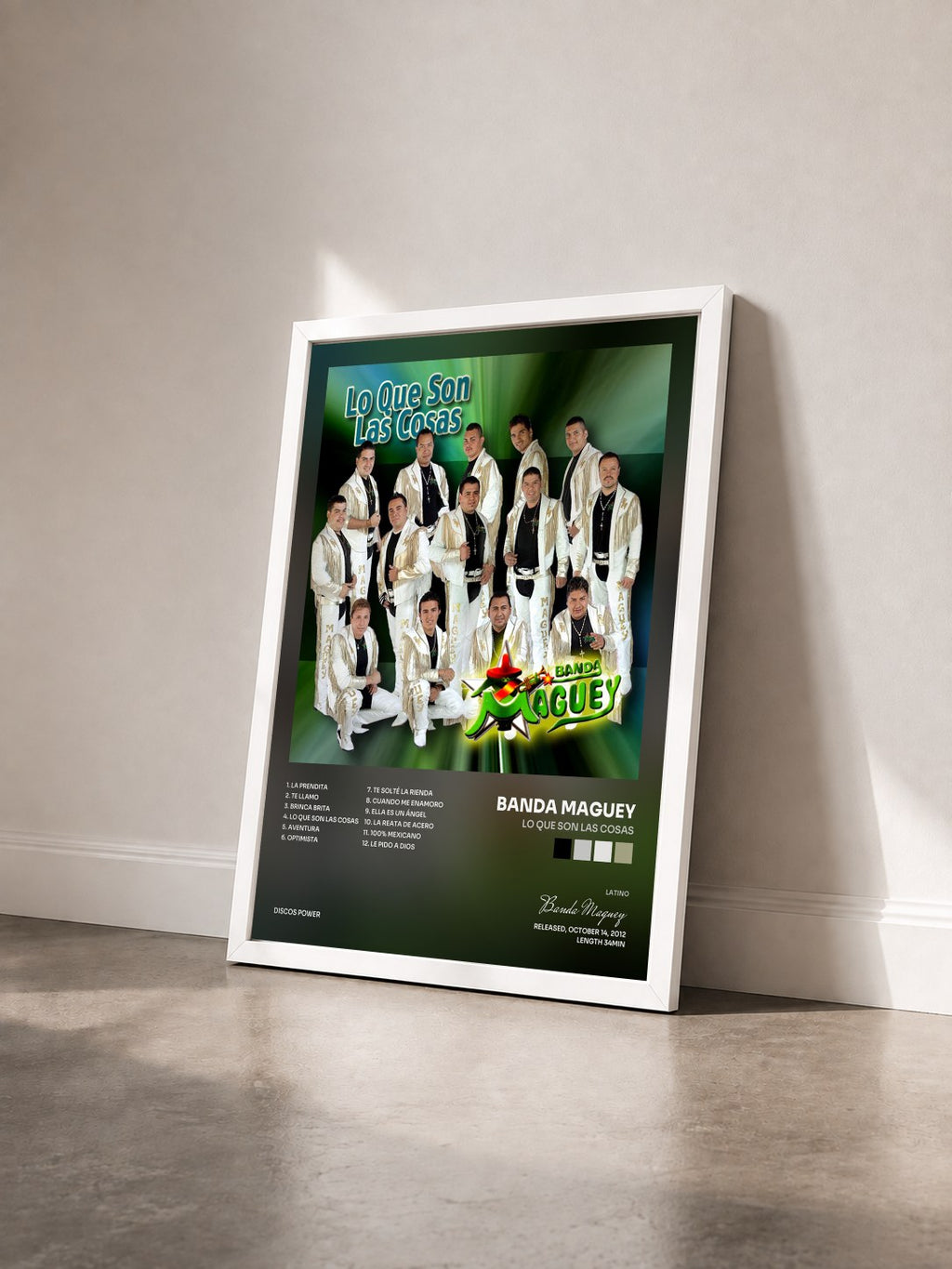 #blanc Tableau de l'album Lo Que Son las Cosas de Banda Maguey vu de trois quarts, cadre blanc