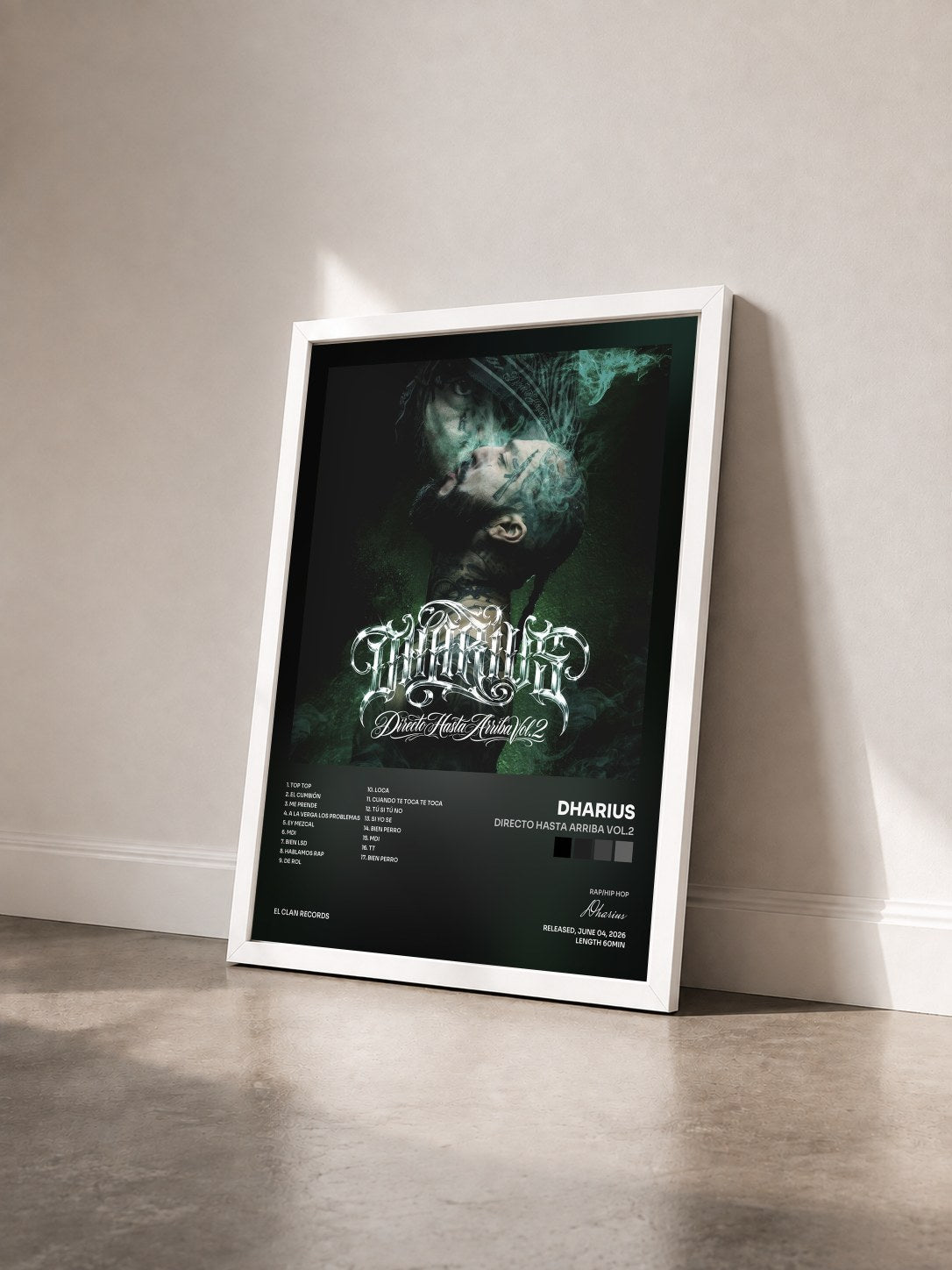 #blanc Tableau de l'album Directo Hasta Arriba Vol.2 de Dharius vu de trois quarts, cadre blanc