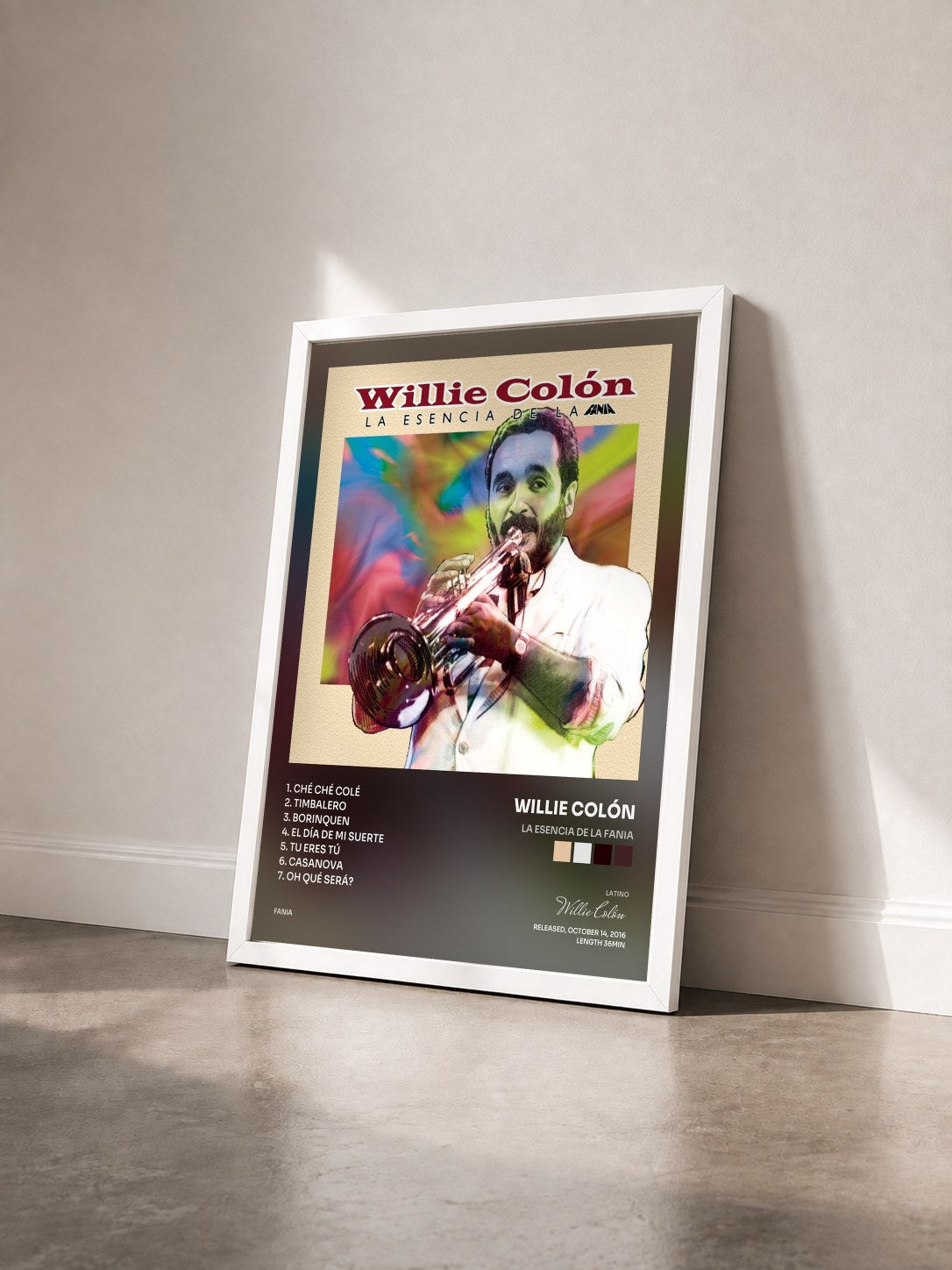 #blanc Tableau de l'album La Esencia De La Fania de Willie Colón vu de trois quarts, cadre blanc