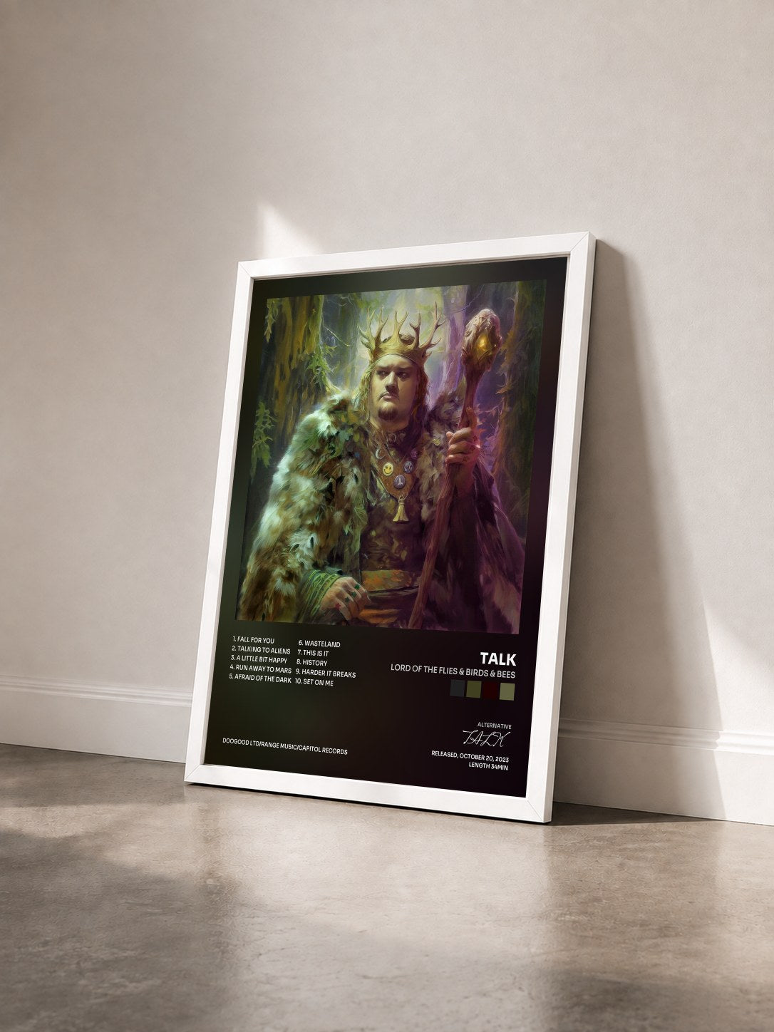 #blanc Tableau de l'album Lord of the Flies & Birds & Bees de TALK vu de trois quarts, cadre blanc