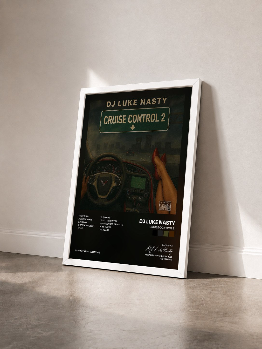#blanc Tableau de l'album Cruise Control 2 de DJ Luke Nasty vu de trois quarts, cadre blanc