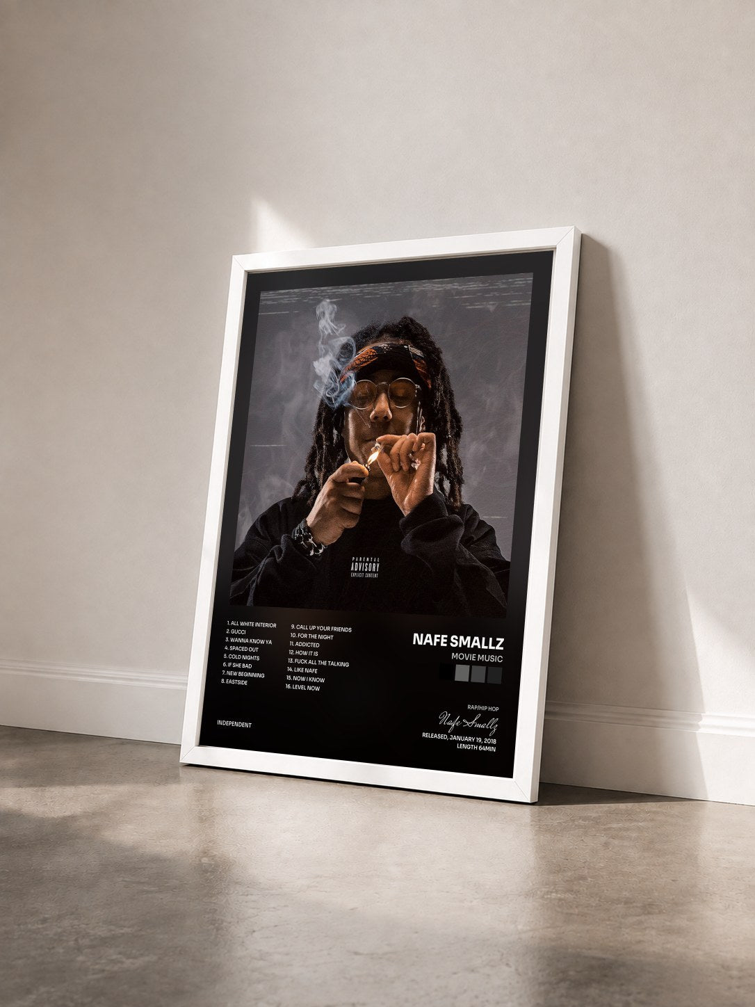 #blanc Tableau de l'album Movie Music de Nafe Smallz vu de trois quarts, cadre blanc