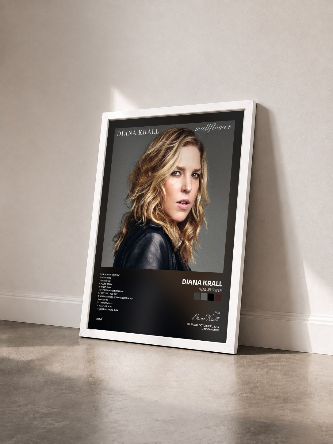 #blanc Tableau de l'album Wallflower de Diana Krall vu de trois quarts, cadre blanc