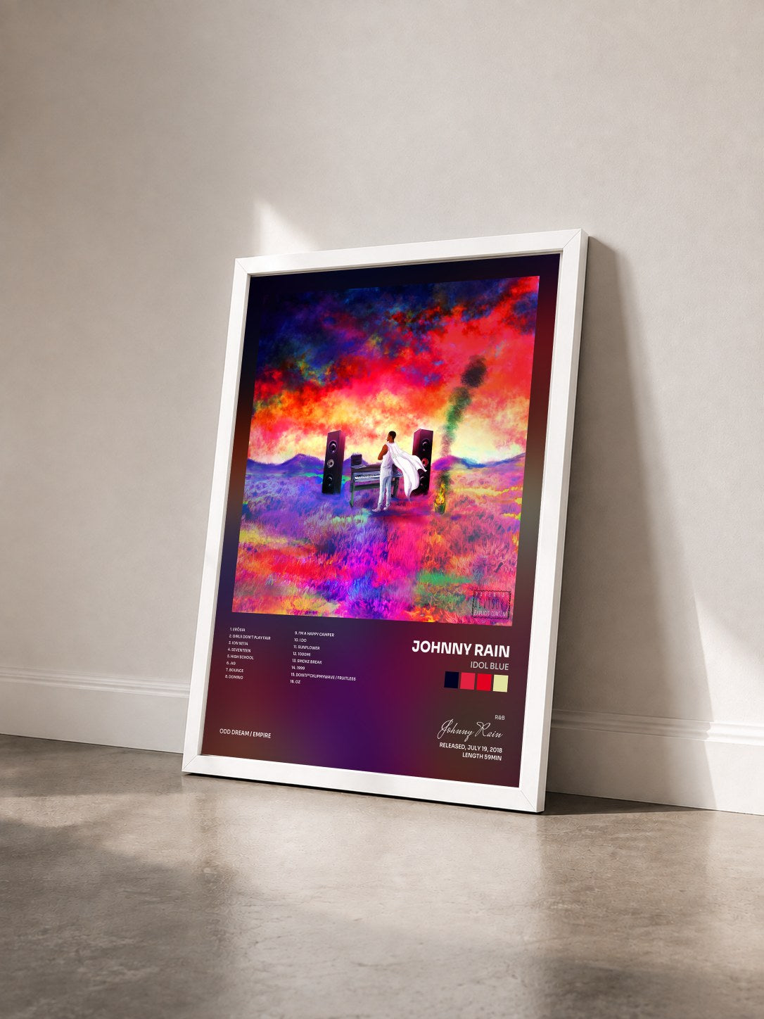 #blanc Tableau de l'album Idol Blue de Johnny Rain vu de trois quarts, cadre blanc