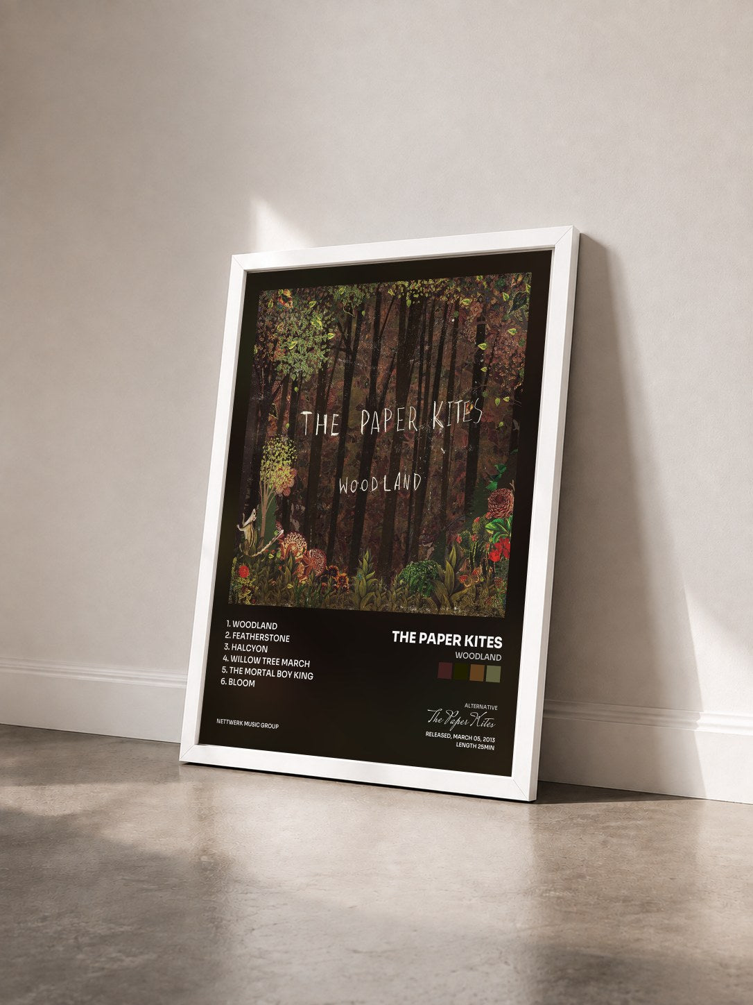 #blanc Tableau de l'album Woodland de The Paper Kites vu de trois quarts, cadre blanc