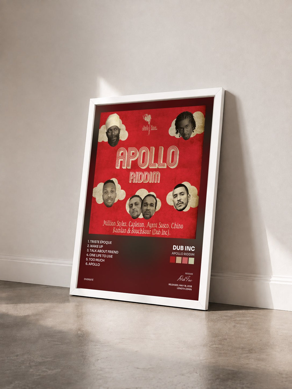 #blanc Tableau de l'album Apollo Riddim de Dub Inc vu de trois quarts, cadre blanc