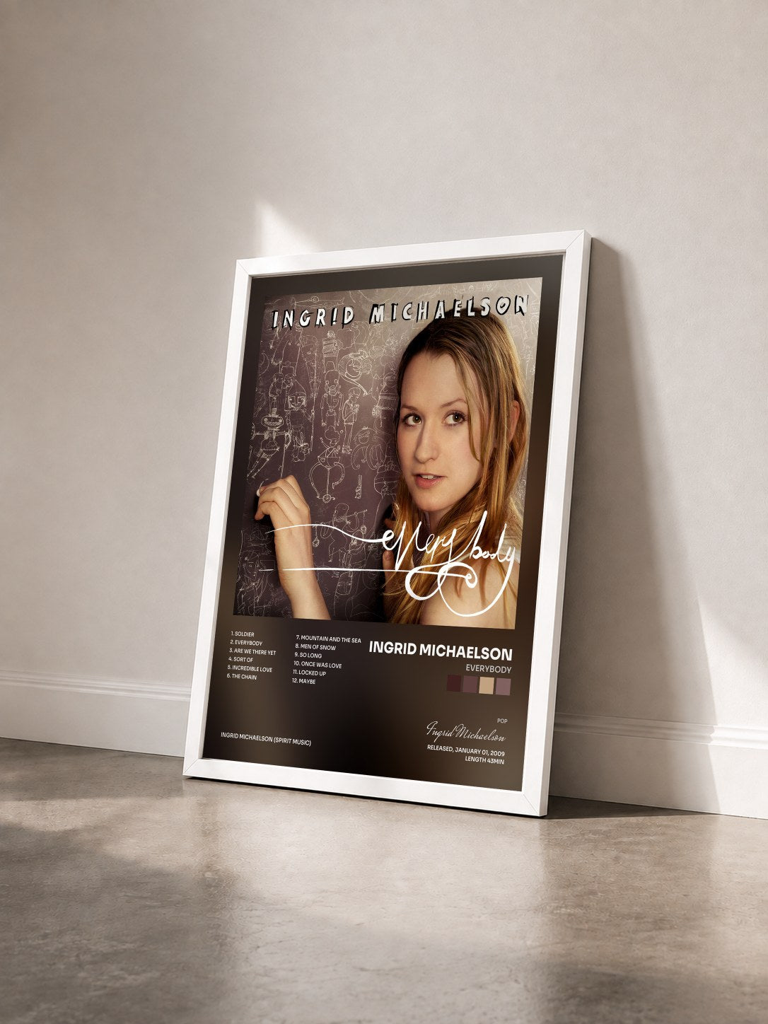 #blanc Tableau de l'album Everybody de Ingrid Michaelson vu de trois quarts, cadre blanc