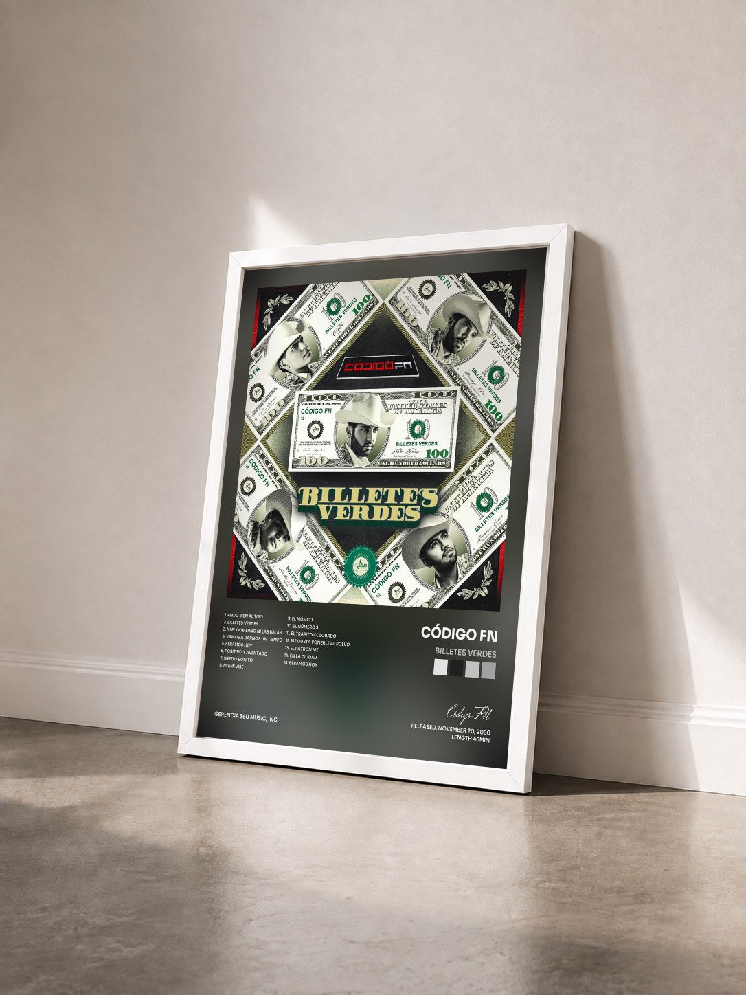 #blanc Tableau de l'album Billetes Verdes de Código FN vu de trois quarts, cadre blanc