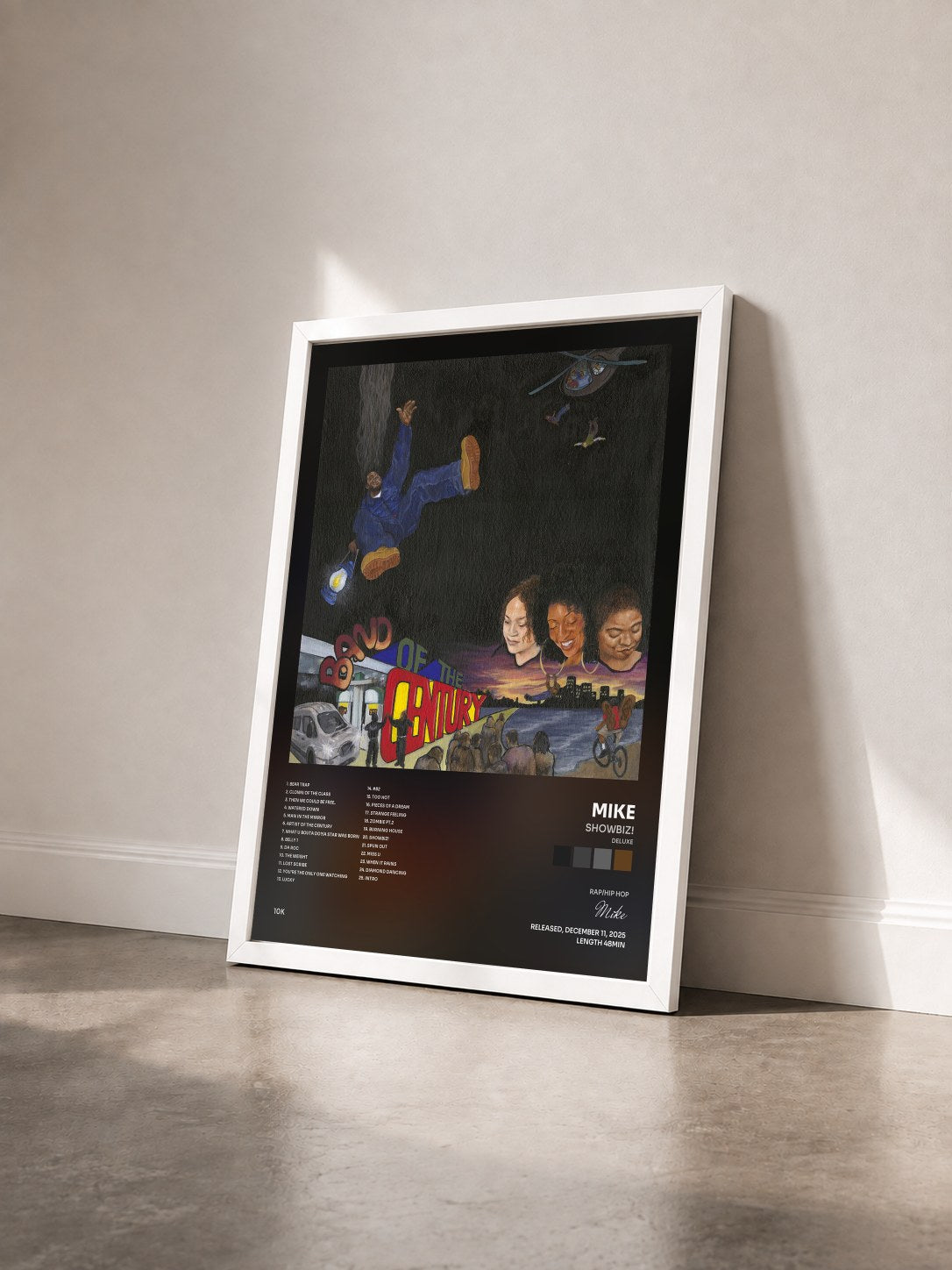 #blanc Tableau de l'album Showbiz! (Deluxe) de Mike vu de trois quarts, cadre blanc