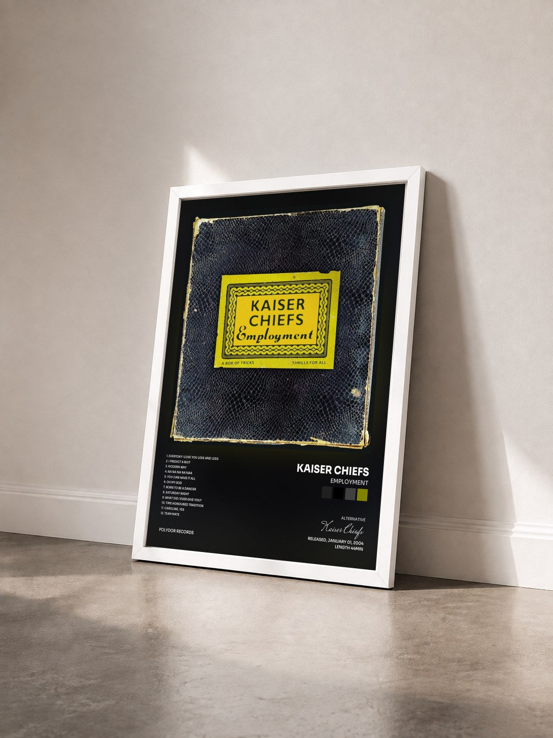 #blanc Tableau de l'album Employment de Kaiser Chiefs vu de trois quarts, cadre blanc