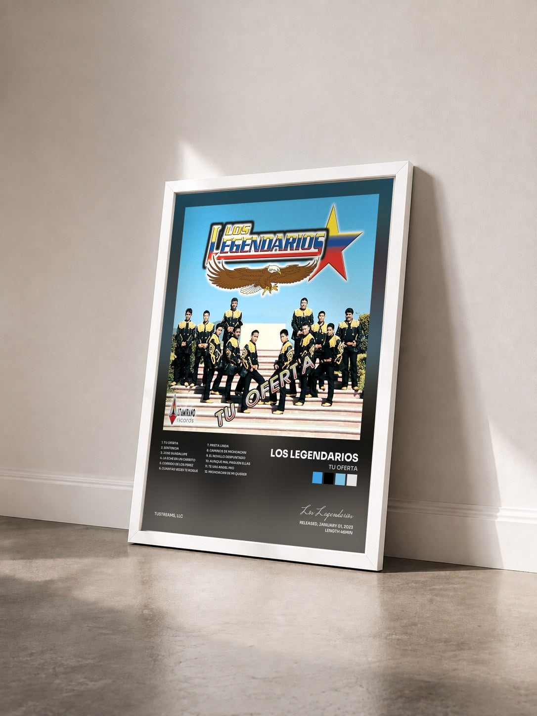 #blanc Tableau de l'album Tu Oferta de Los Legendarios vu de trois quarts, cadre blanc