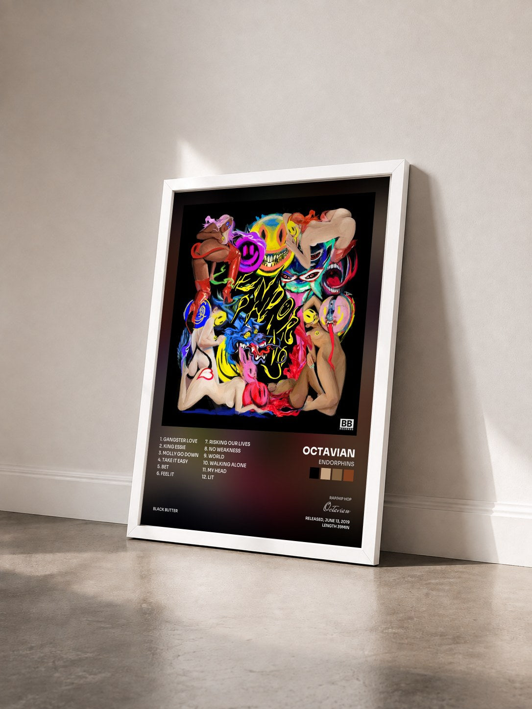 #blanc Tableau de l'album Endorphins de Octavian vu de trois quarts, cadre blanc