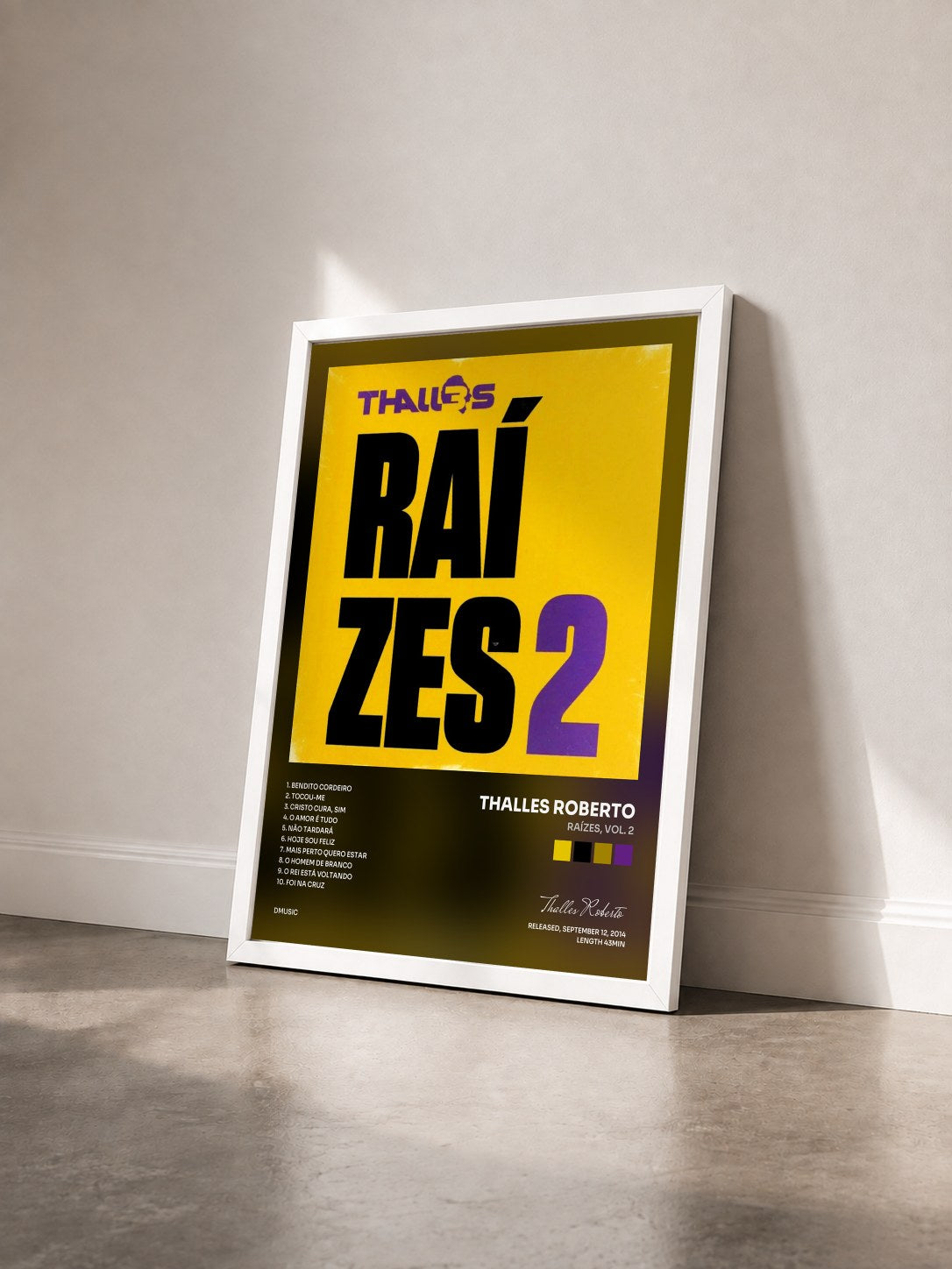 #blanc Tableau de l'album Raízes, Vol. 2 de Thalles Roberto vu de trois quarts, cadre blanc
