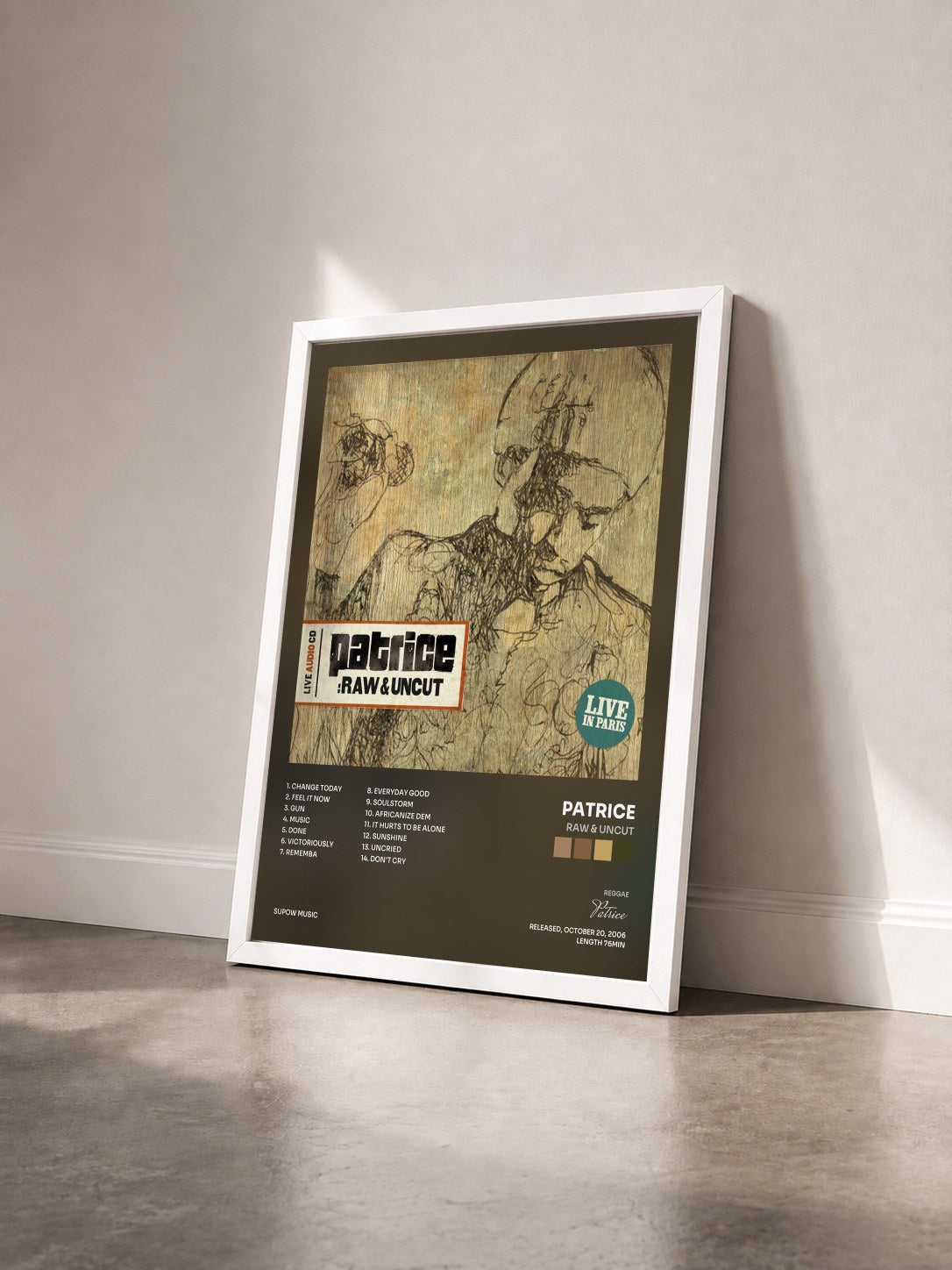 #blanc Tableau de l'album RAW & UNCUT de Patrice vu de trois quarts, cadre blanc