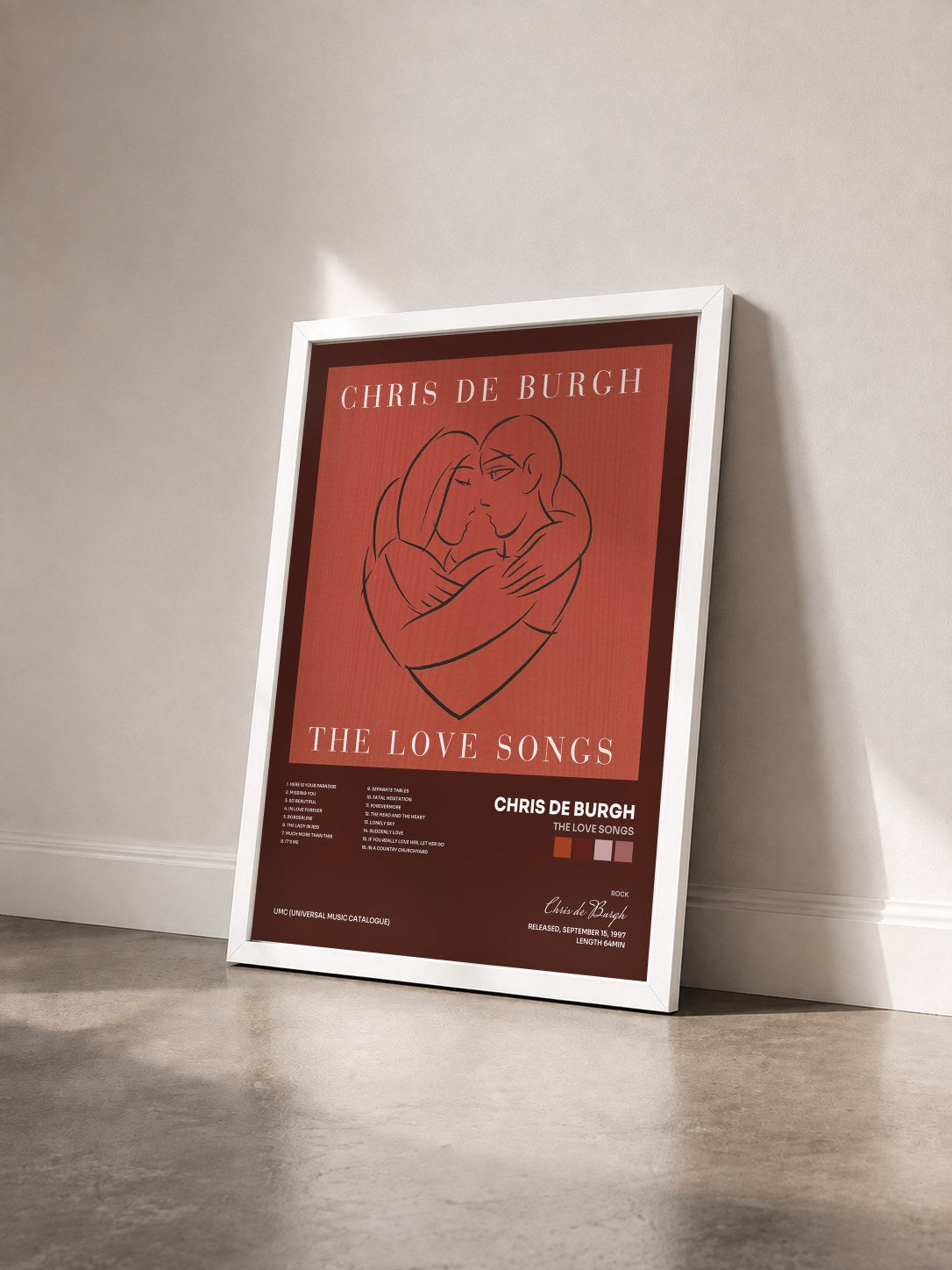 #blanc Tableau de l'album The Love Songs de Chris de Burgh vu de trois quarts, cadre blanc