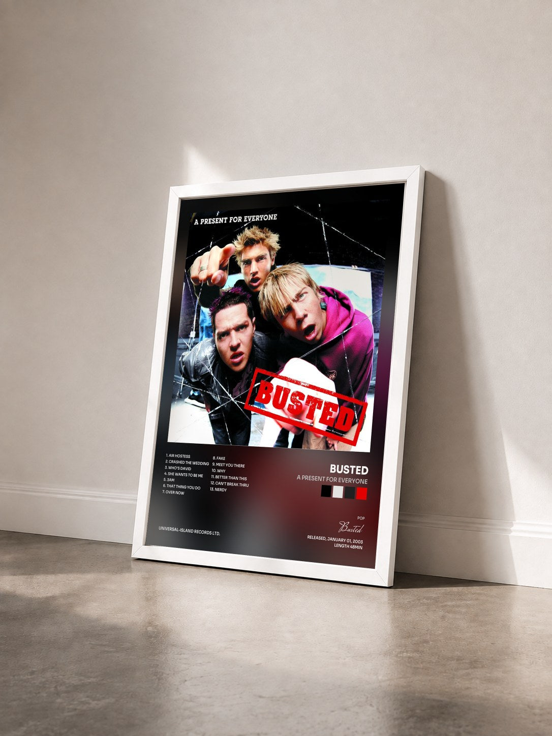 #blanc Tableau de l'album A Present For Everyone de Busted vu de trois quarts, cadre blanc
