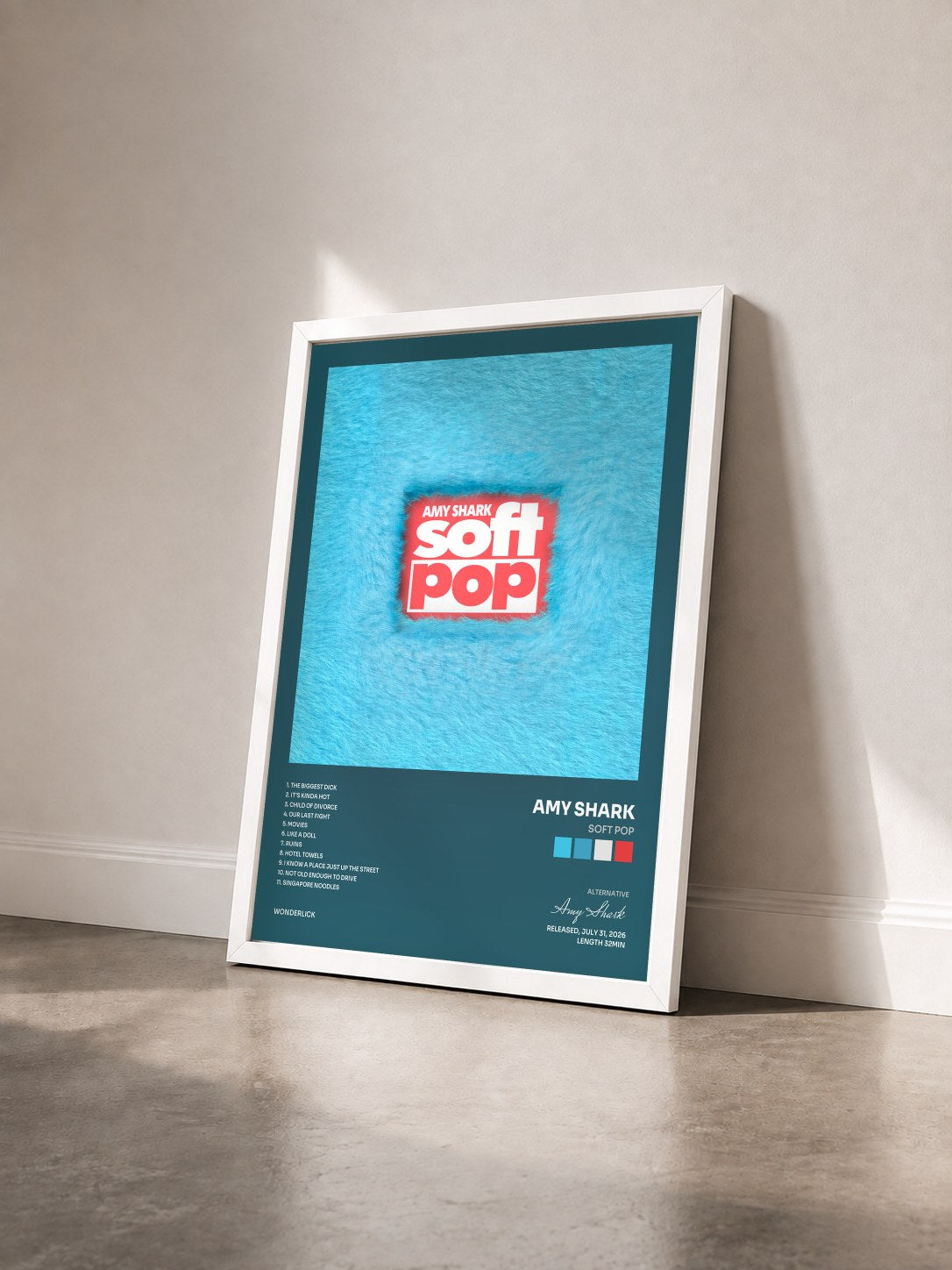 #blanc Tableau de l'album soft pop de Amy Shark vu de trois quarts, cadre blanc