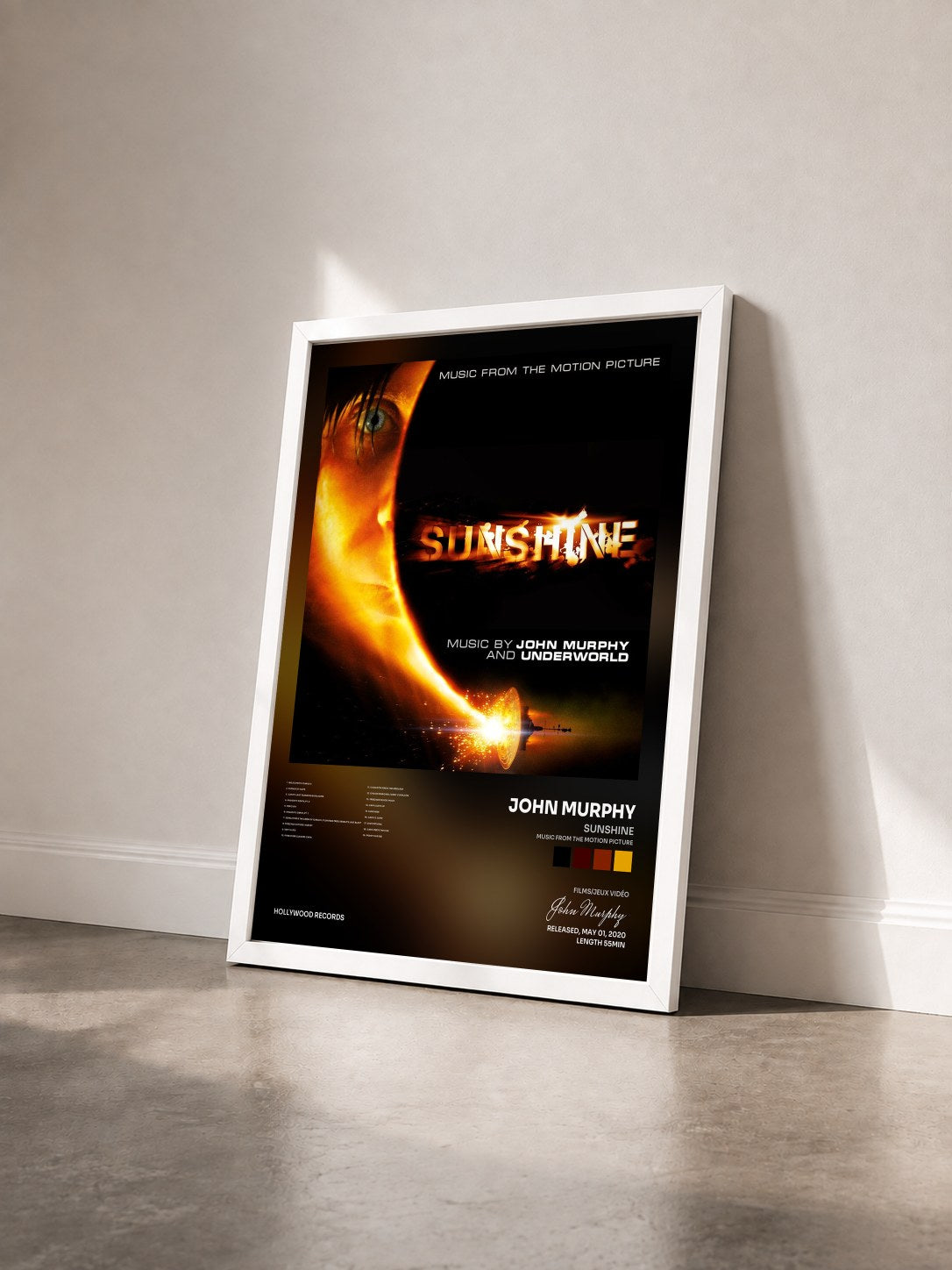 #blanc Tableau de l'album Sunshine (Music from the Motion Picture) de John Murphy vu de trois quarts, cadre blanc