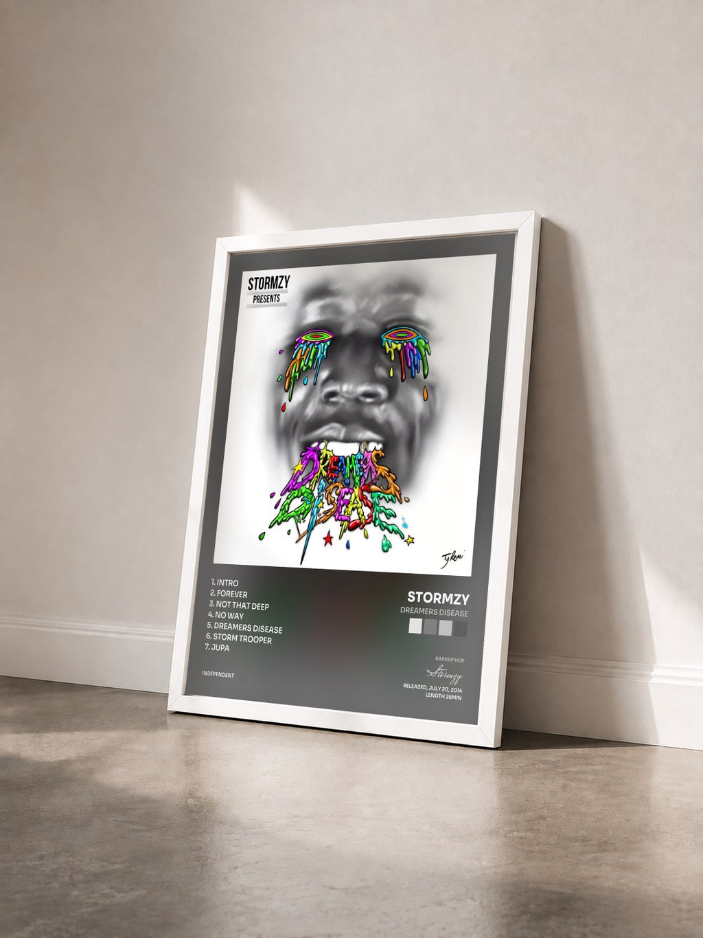 #blanc Dreamers Disease by Stormzy as a framed art print seen at an angle, white frame