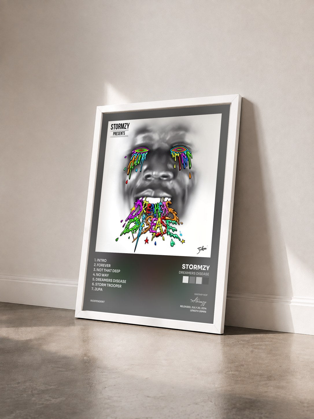 #blanc Tableau de l'album Dreamers Disease de Stormzy vu de trois quarts, cadre blanc