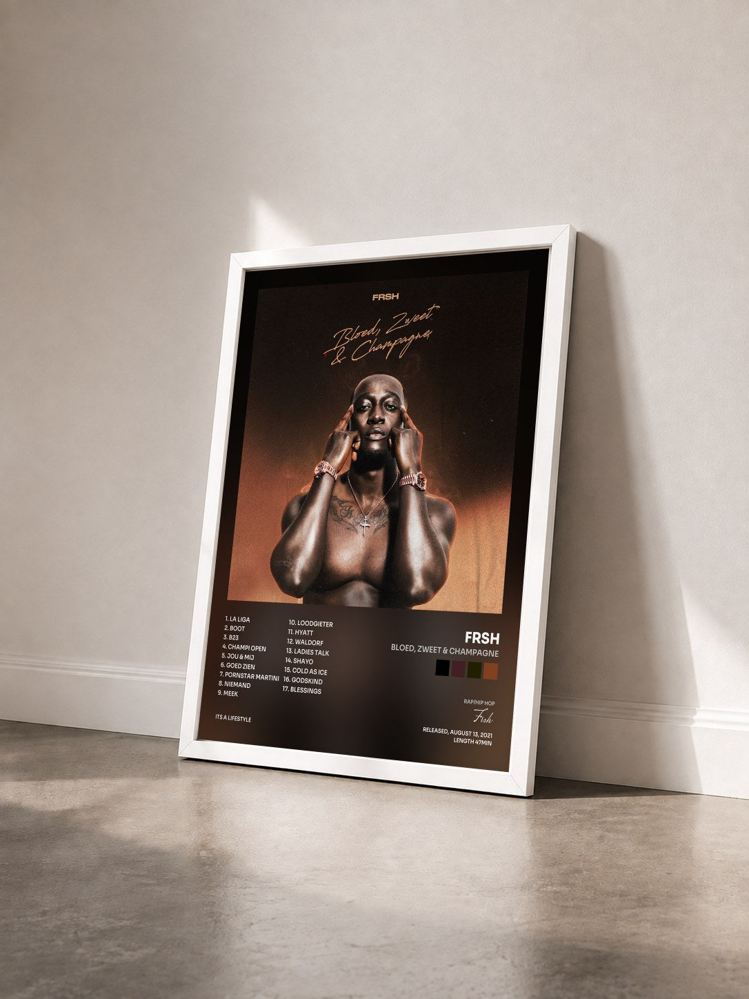 #blanc Tableau de l'album Bloed, Zweet & Champagne de Frsh vu de trois quarts, cadre blanc