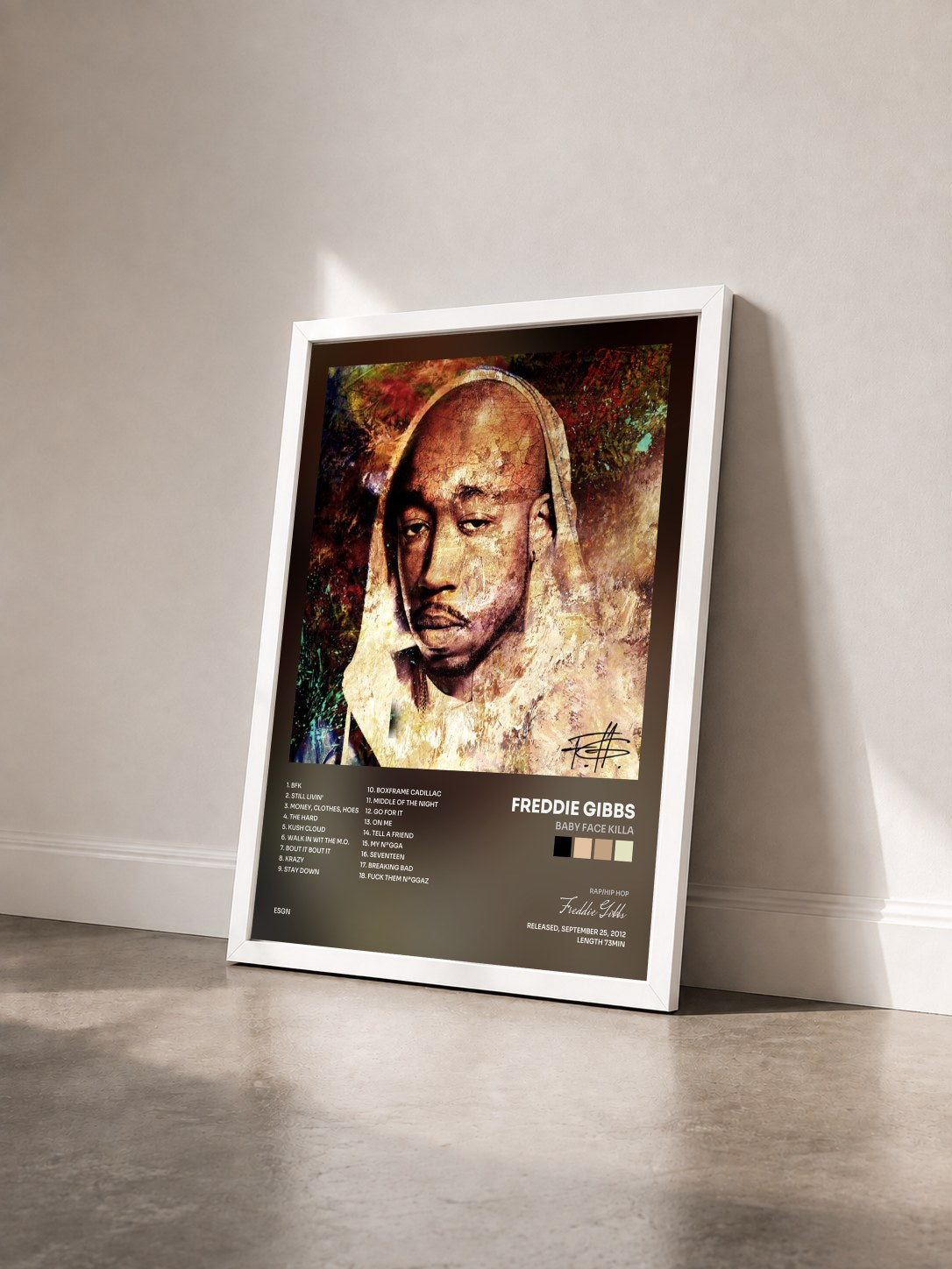 #blanc Tableau de l'album Baby Face Killa de Freddie Gibbs vu de trois quarts, cadre blanc