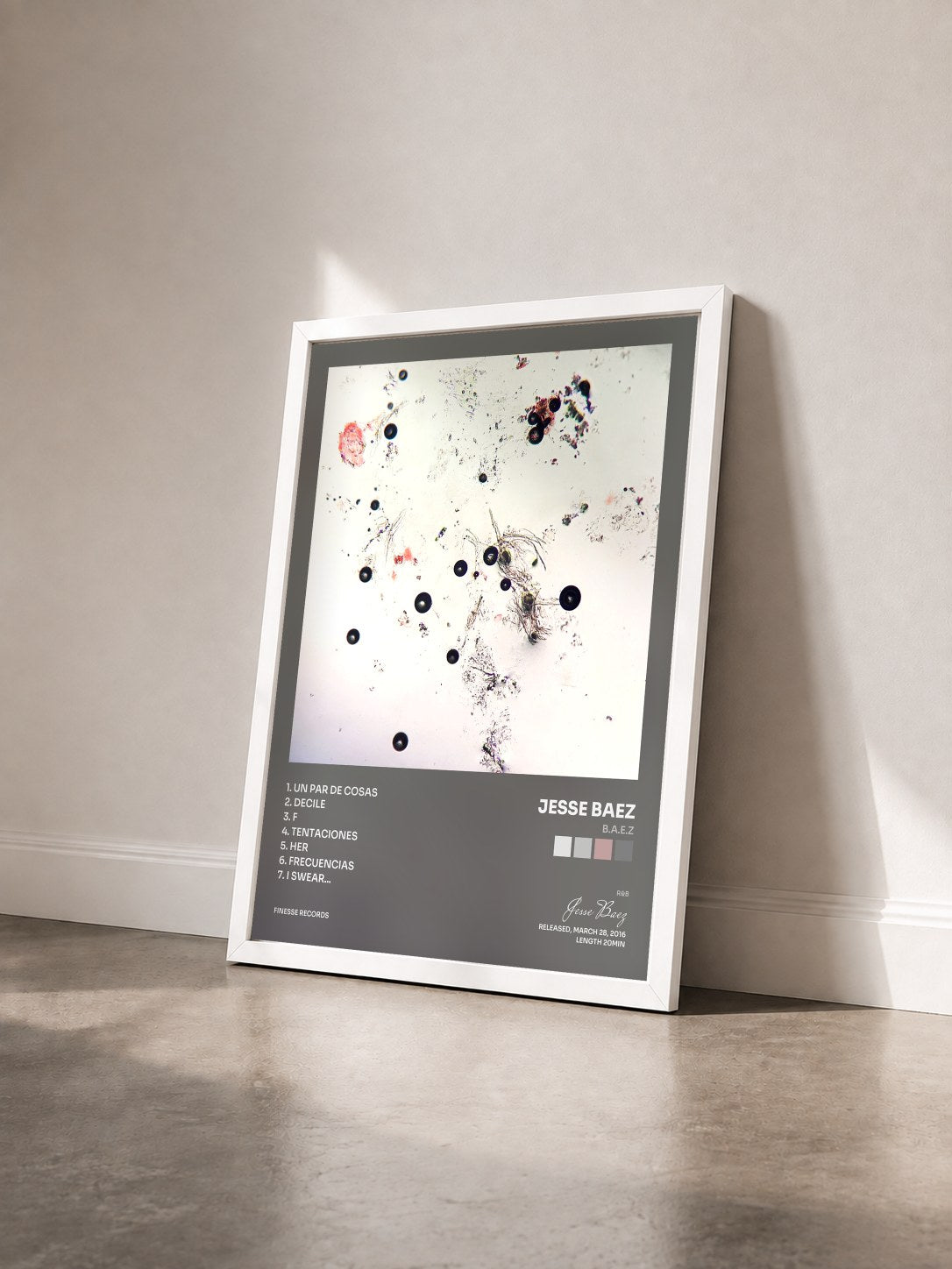 #blanc Tableau de l'album B.A.E.Z de Jesse Baez vu de trois quarts, cadre blanc