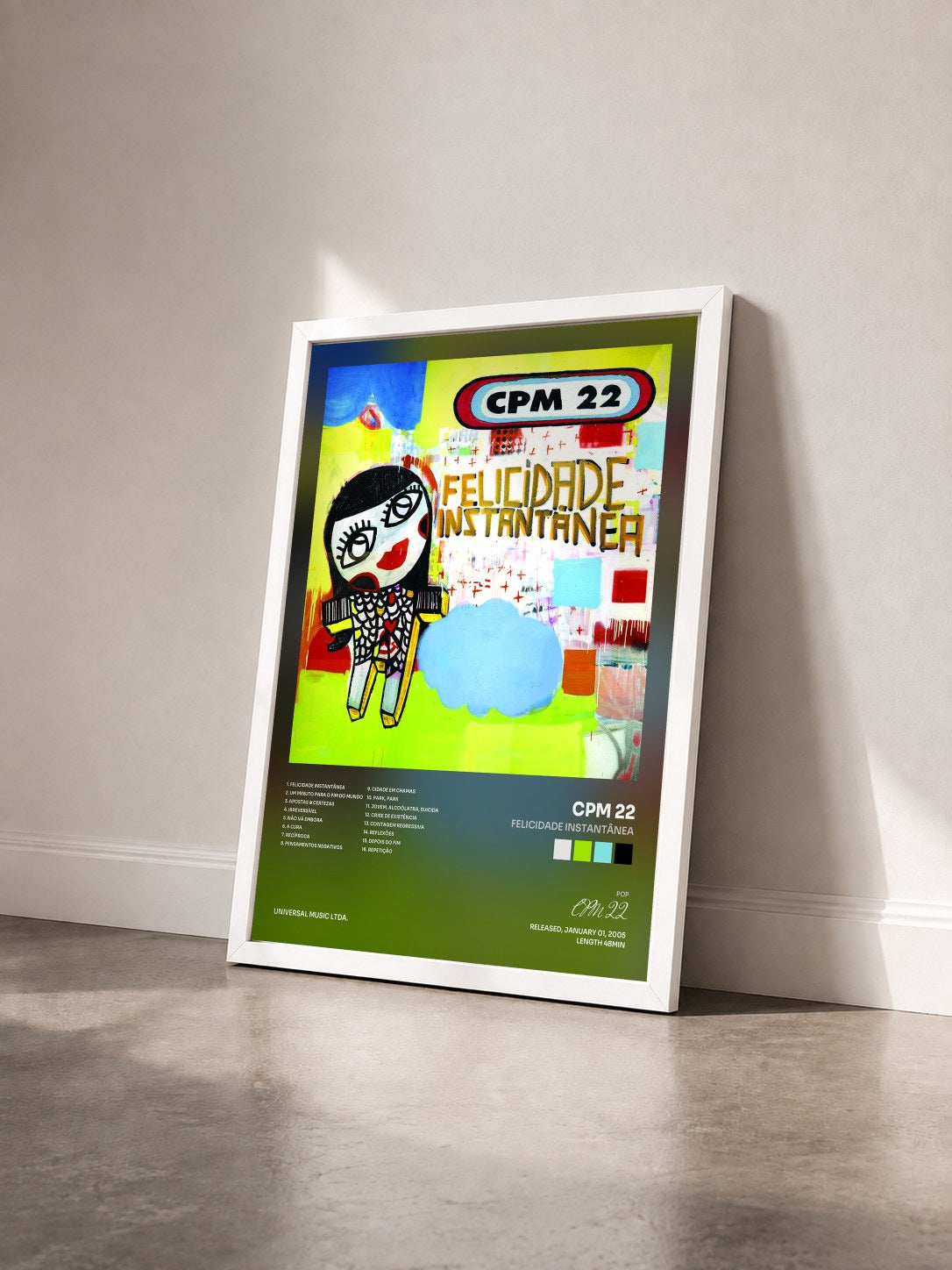 #blanc Tableau de l'album Felicidade Instantânea de CPM 22 vu de trois quarts, cadre blanc