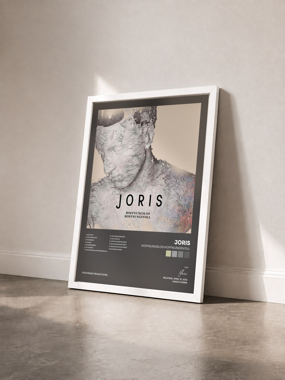 #blanc Tableau de l'album Hoffnungslos Hoffnungsvoll de Joris vu de trois quarts, cadre blanc