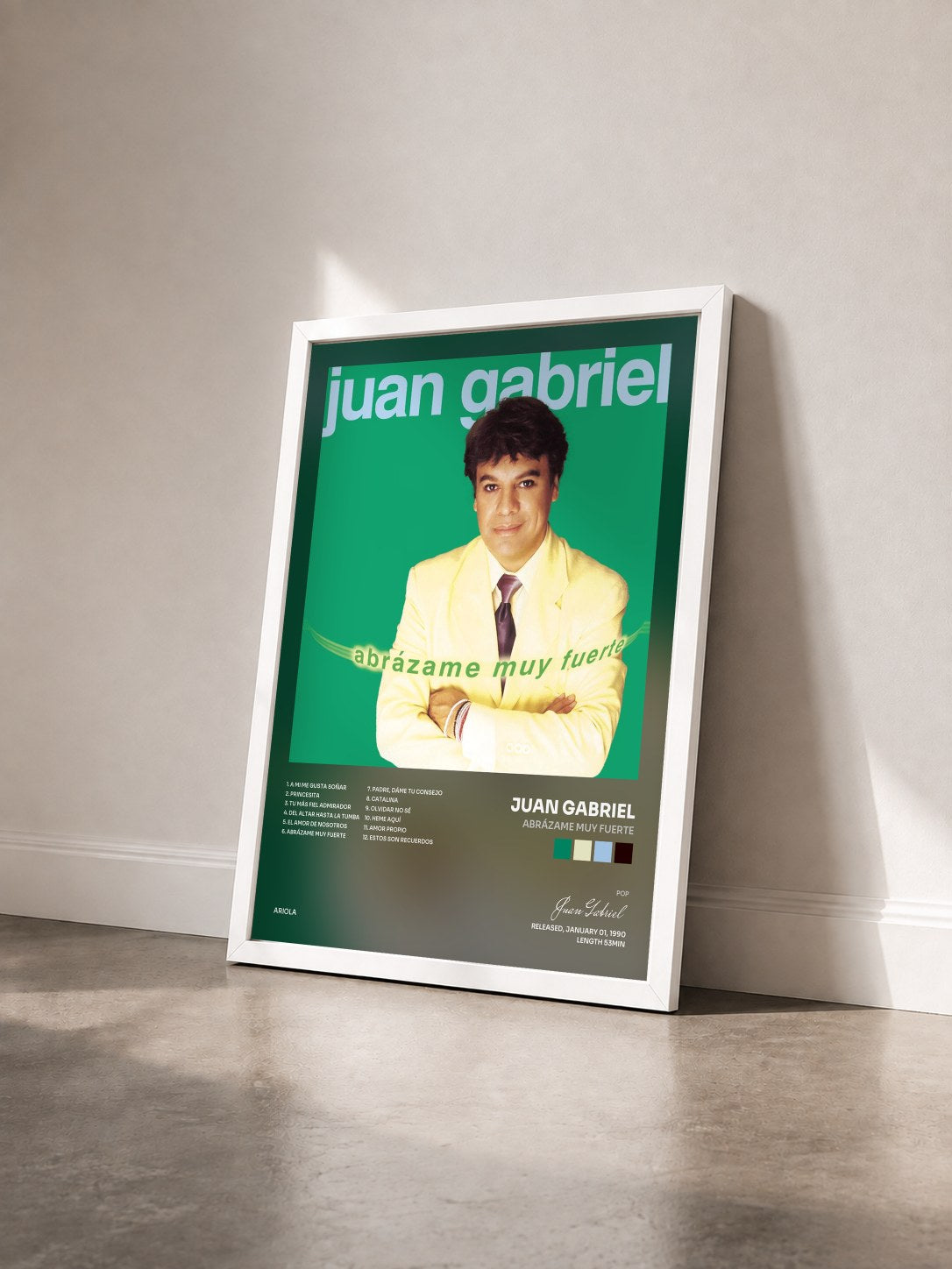 #blanc Tableau de l'album Abrázame Muy Fuerte de Juan Gabriel vu de trois quarts, cadre blanc