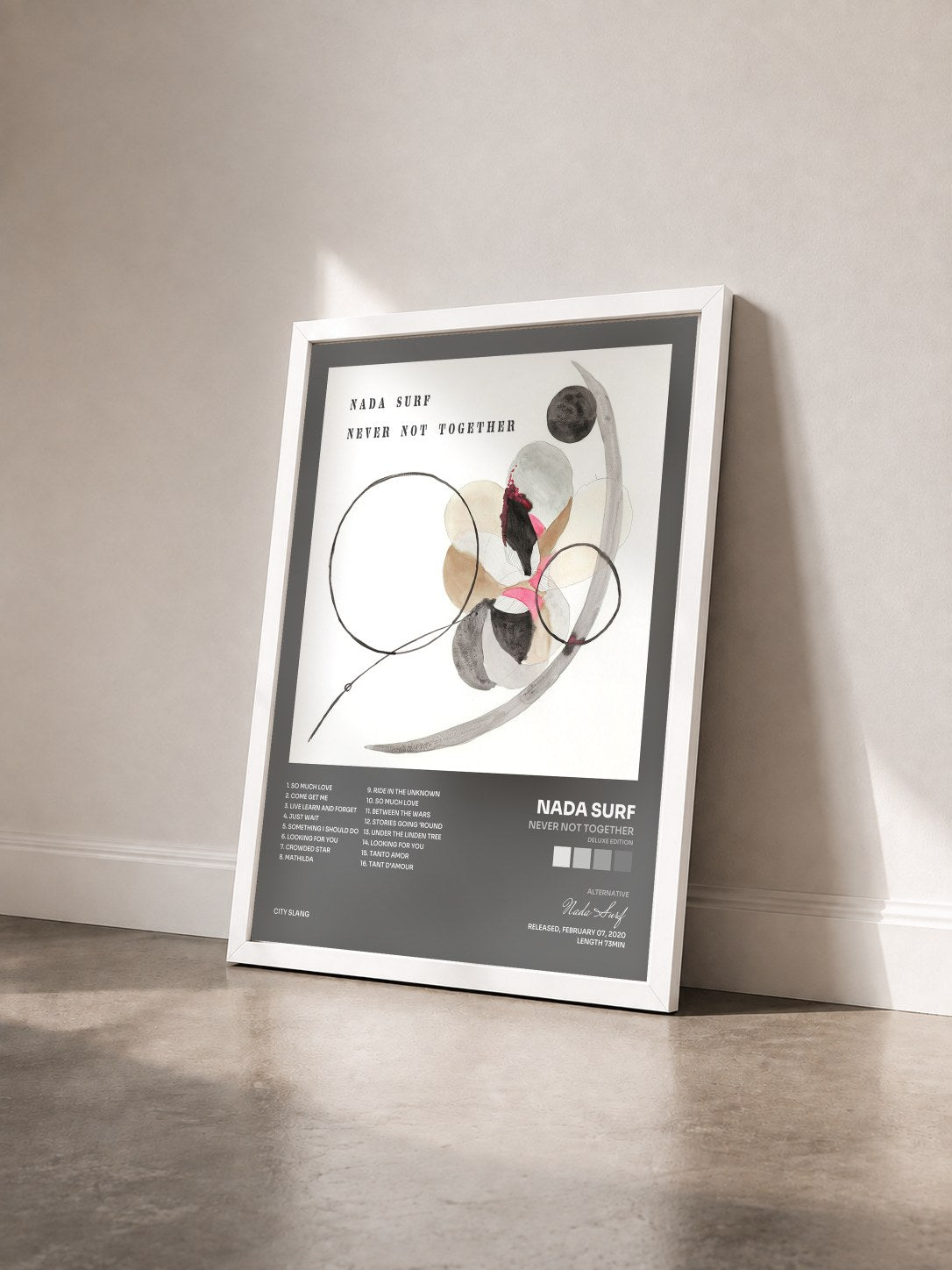 #blanc Tableau de l'album Never Not Together (Deluxe Edition) de Nada Surf vu de trois quarts, cadre blanc