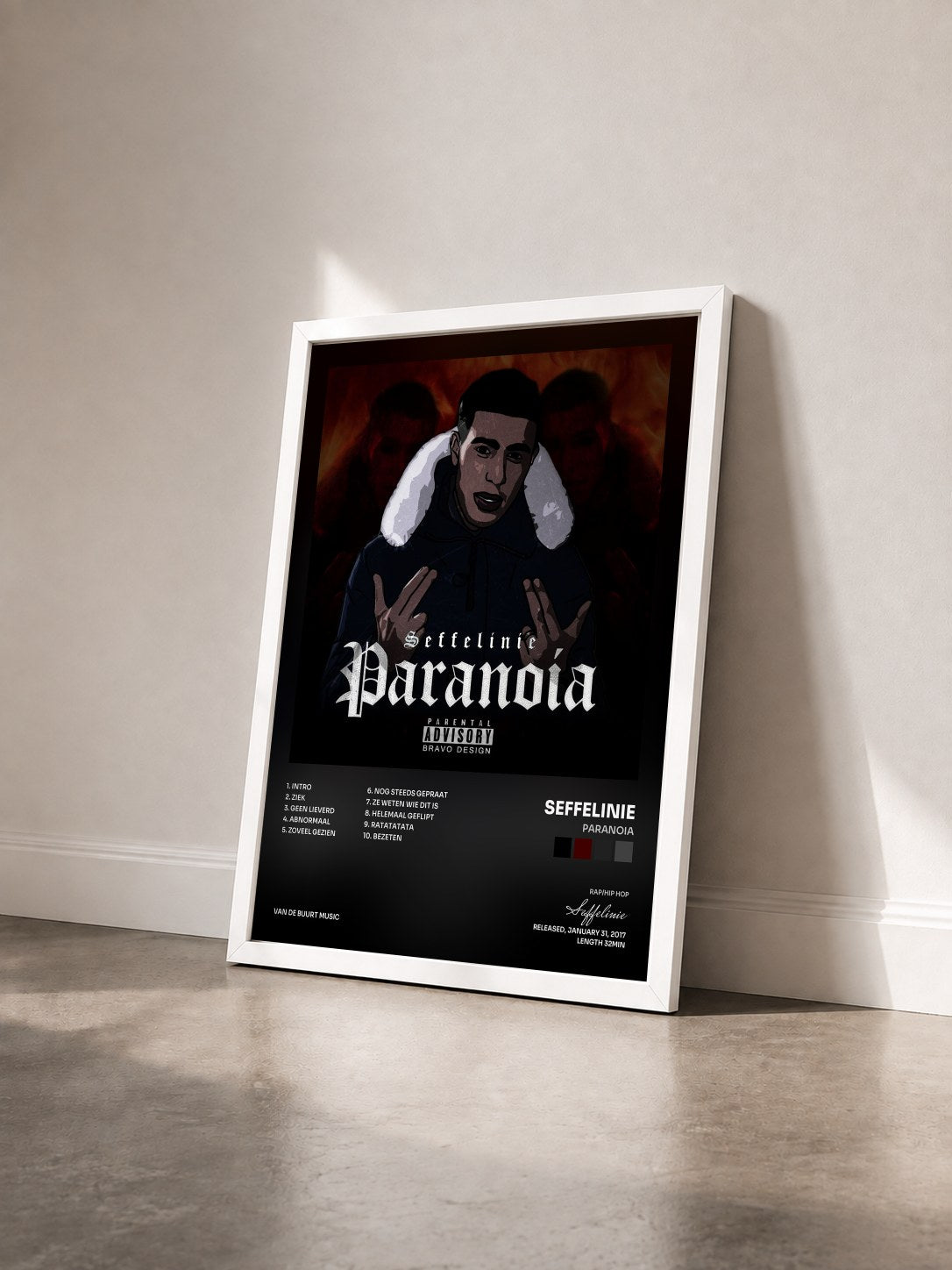 #blanc Tableau de l'album Paranoia de Seffelinie vu de trois quarts, cadre blanc